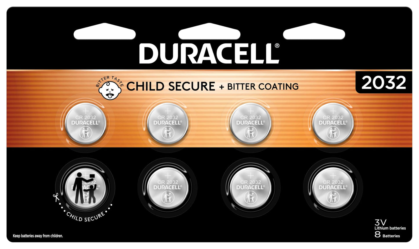 Duracell 2032 Lithium Battery, 8 Count (Pack of 1), Compatible with AirTag, Child Safety Features, Key Fob, CR2032 3V Cell