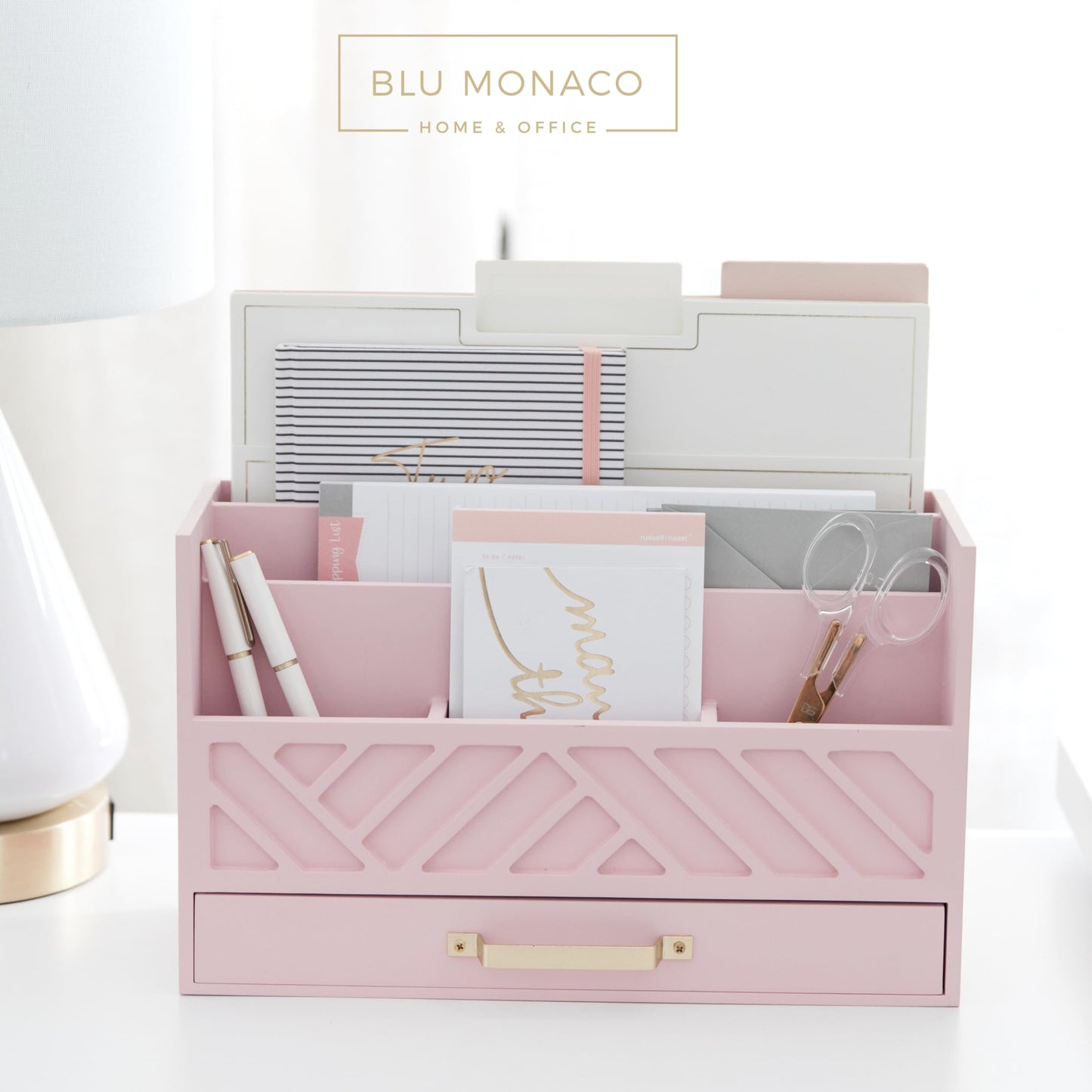 BLU MONACO | Pink Desk Organizers Wooden Mail Organizer with Drawer | Mail Sorter Organizer Countertop Gold Handle | Desk Organizers and Accessories
