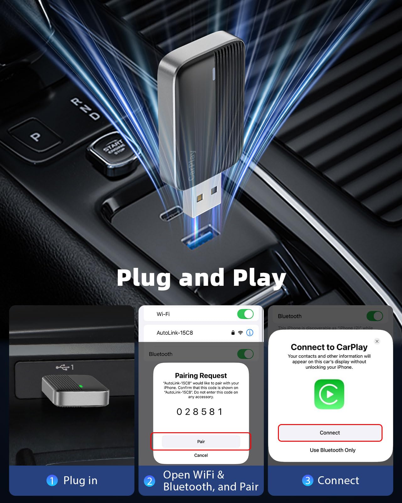 MoKo Wireless CarPlay Adapter for Apple iPhone, Mini Car Play Adapter for iOS 10+ & Cars with Apple CarPlay, Wired Car Play to Wireless, Fast Response