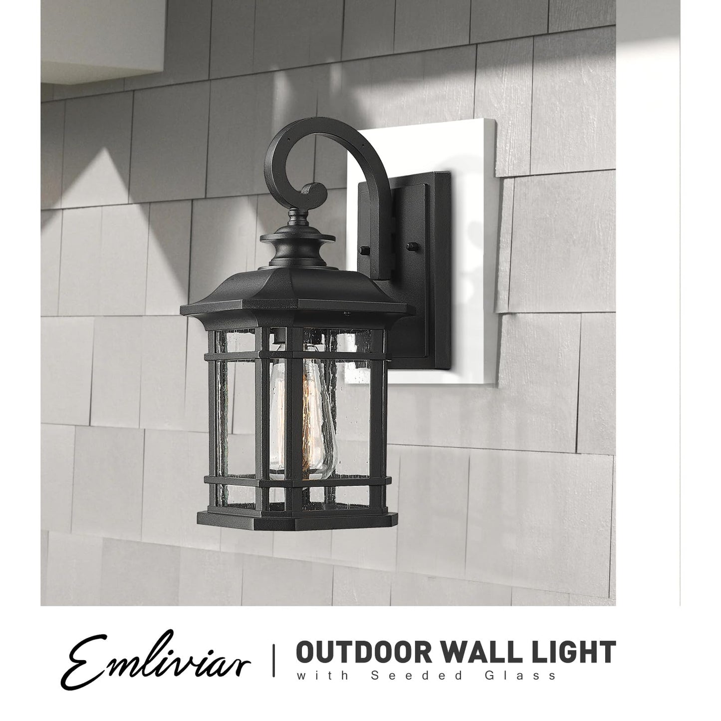 Emliviar Outdoor Wall Lanterns 2 Pack, 1-Light Exterior Wall Mount Light, Black Finish with Clear Seedy Glass, 2084B-2BK