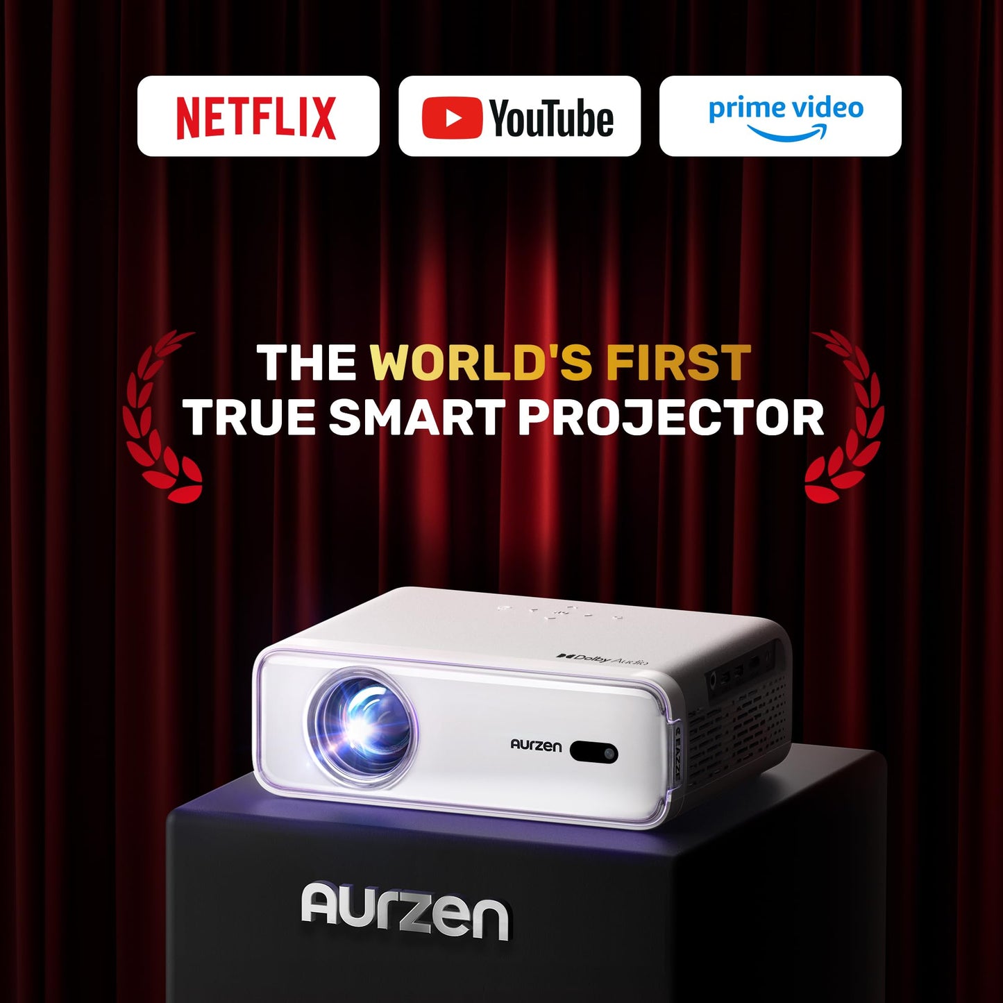 Aurzen EAZZE D1 Smart Projector with WiFi and Bluetooth, Officially-Licensed APP, Auto Focus/Keystone, DoIby Audio 16W Speakers, Native 1080P, HDR10