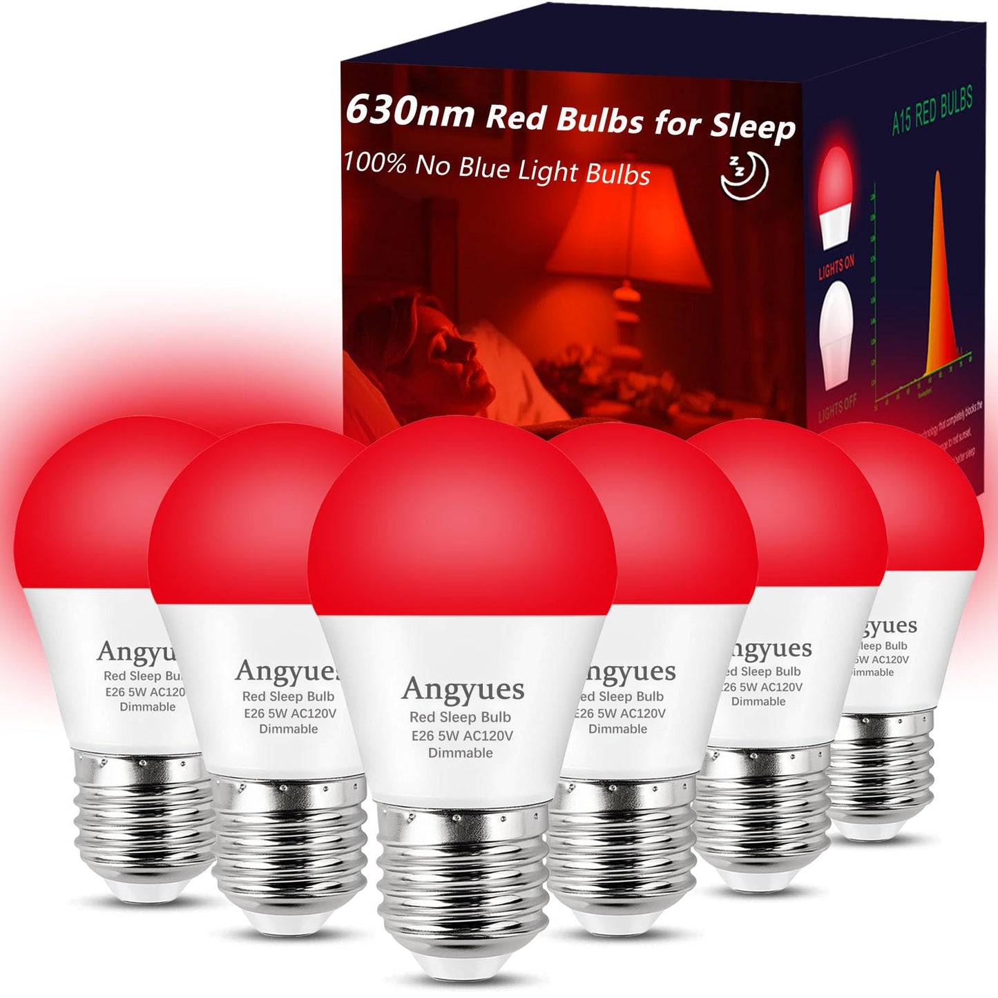 Angyues 630nm Red Light Bulb for Sleep Dimmable, 100% Blue Light Blocking, Promotes Melatonin Production, E26 A15 LED 5W Red Dim Night Light