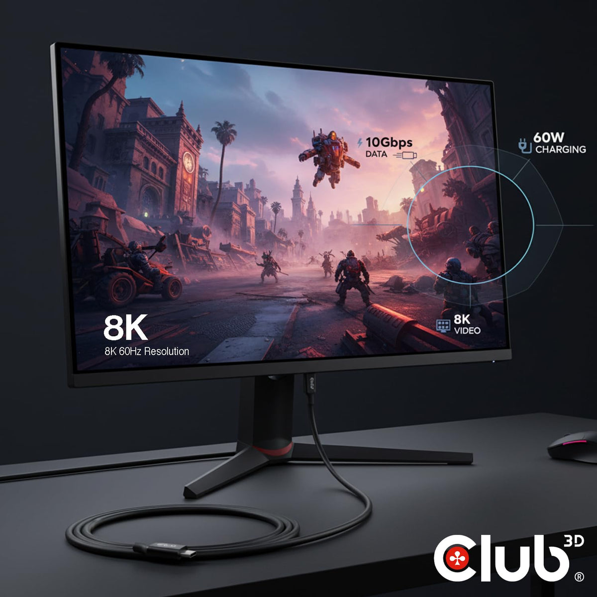 Club 3D USB C to USB C Cable 16.4ft - 5m 10Gbps Data Transfer 60W Fast Charging 8K@60Hz Video - Long USB-C Cable for MacBook Pro, Nintendo Switch