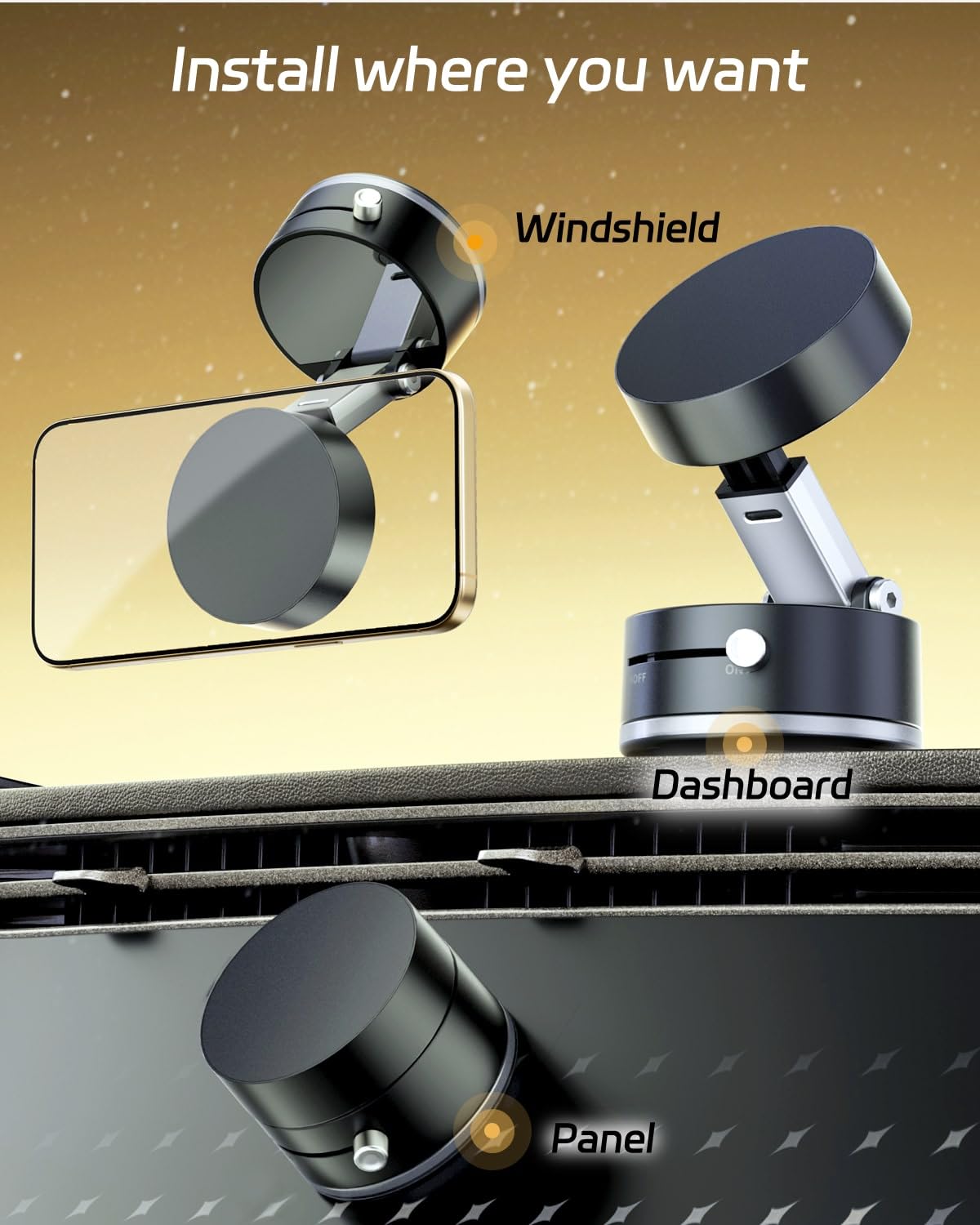 Oceavity Vacuum Suction Cup Phone Mount, Strong Magnetic Multi-Directional Adjustable Foldable Phone Holder for Your Car Gym Mirror Shower Content