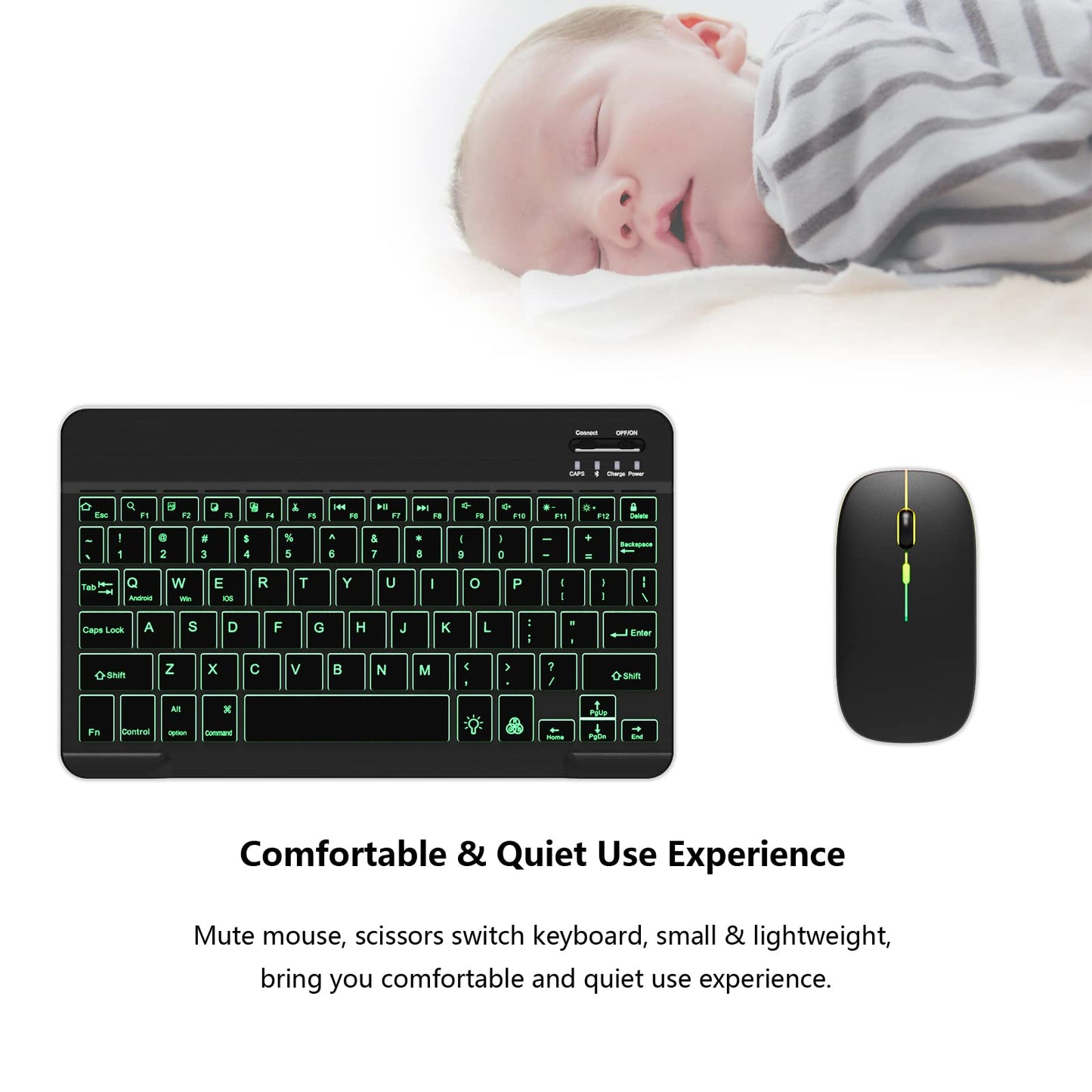 Backlit Bluetooth Keyboard and Mouse Combo for iPad Air Pro Mini Tablet iPhone Android Samsung Smartphone Cell Phone Rechargeable Ultra Slim Compact