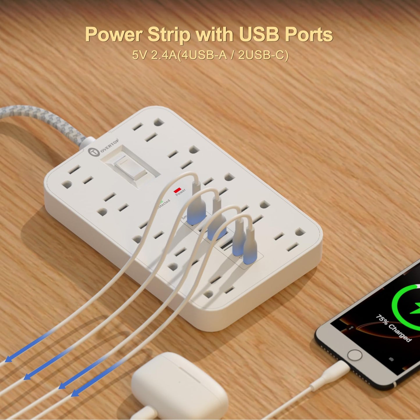 Power Strip Surge Protector, OVERTOP 5 Ft Braided Extension Cord Flat Plug, 10 Widely Spaced Outlets with 6 USB Ports (2 USB C), Wall Mount Desk