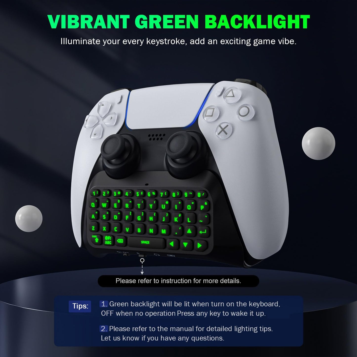 MoKo Keyboard for PS5 Controller with Green Backlight, Bluetooth Wireless Mini Keypad Chatpad for PlayStation 5, Built-in Speaker & 3.5mm Audio Jack