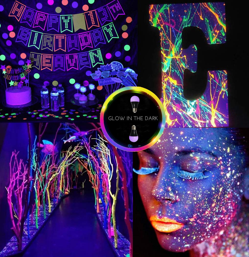 GREENIC UV Led Black Light Bulb 2 Pack, 8W (60W Equivalent) A19 E26 Blacklight Bulb UVA Level 385-400nm, Glow in Dark for Body Paint Club Party Neon