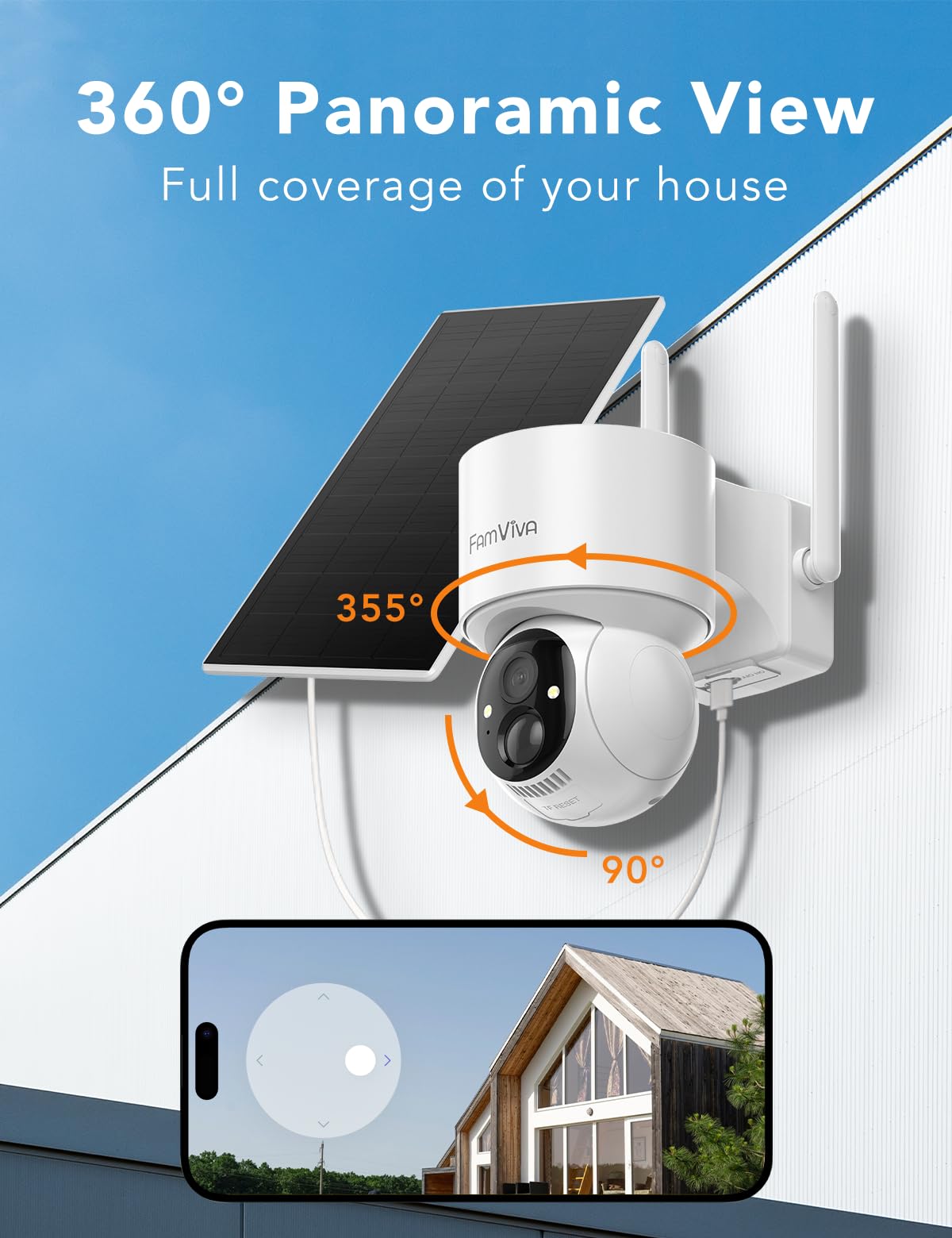 FAMVIVA 2K Solar Security Cameras Wireless Outdoor, 360°PTZ Battery Powered Cameras for Home Security, 2.4G WiFi Outdoor Camera with Color Night