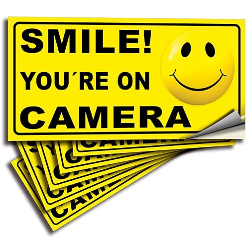 iSYFIX Smile You're on Camera Stickers for Business - 6 Pack 4x2 Inch - Self-Adhesive Vinyl Decal, Laminated for Ultimate UV Protection, Fade