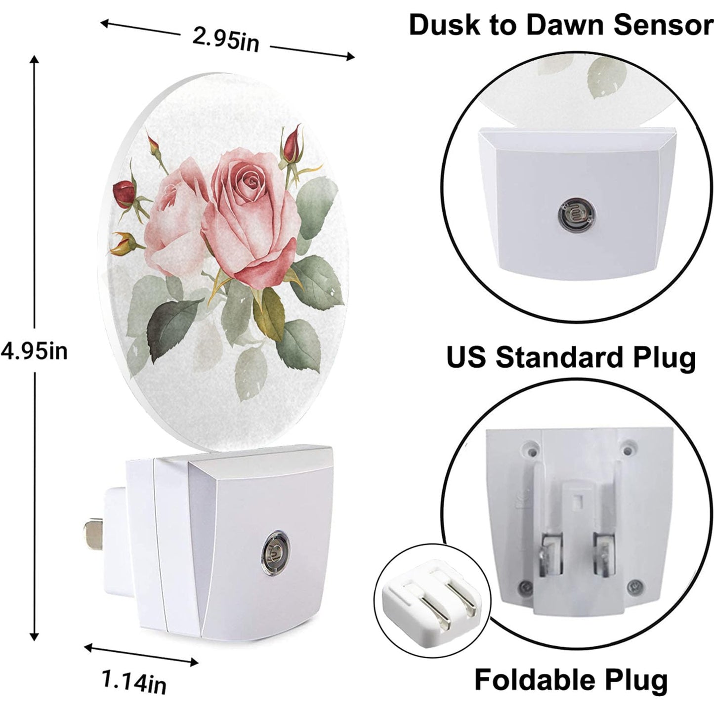 Uanvaha Retro Rose Night Light Floral Blossom Pink Rose with Green Leaf Flower Bouquet LED Dusk to Dawn Plug-in Nightlight Auto Sensor for Bedroom