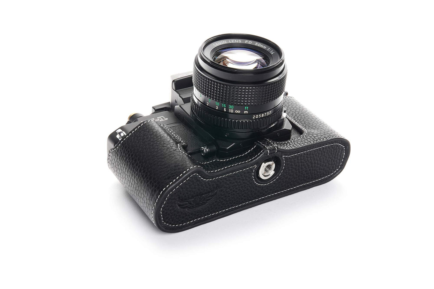 F-1 Case, BolinUS Handmade Genuine Real Leather Half Camera Case Bag Cover for Canon New F-1 Camera with Hand Strap (Black)