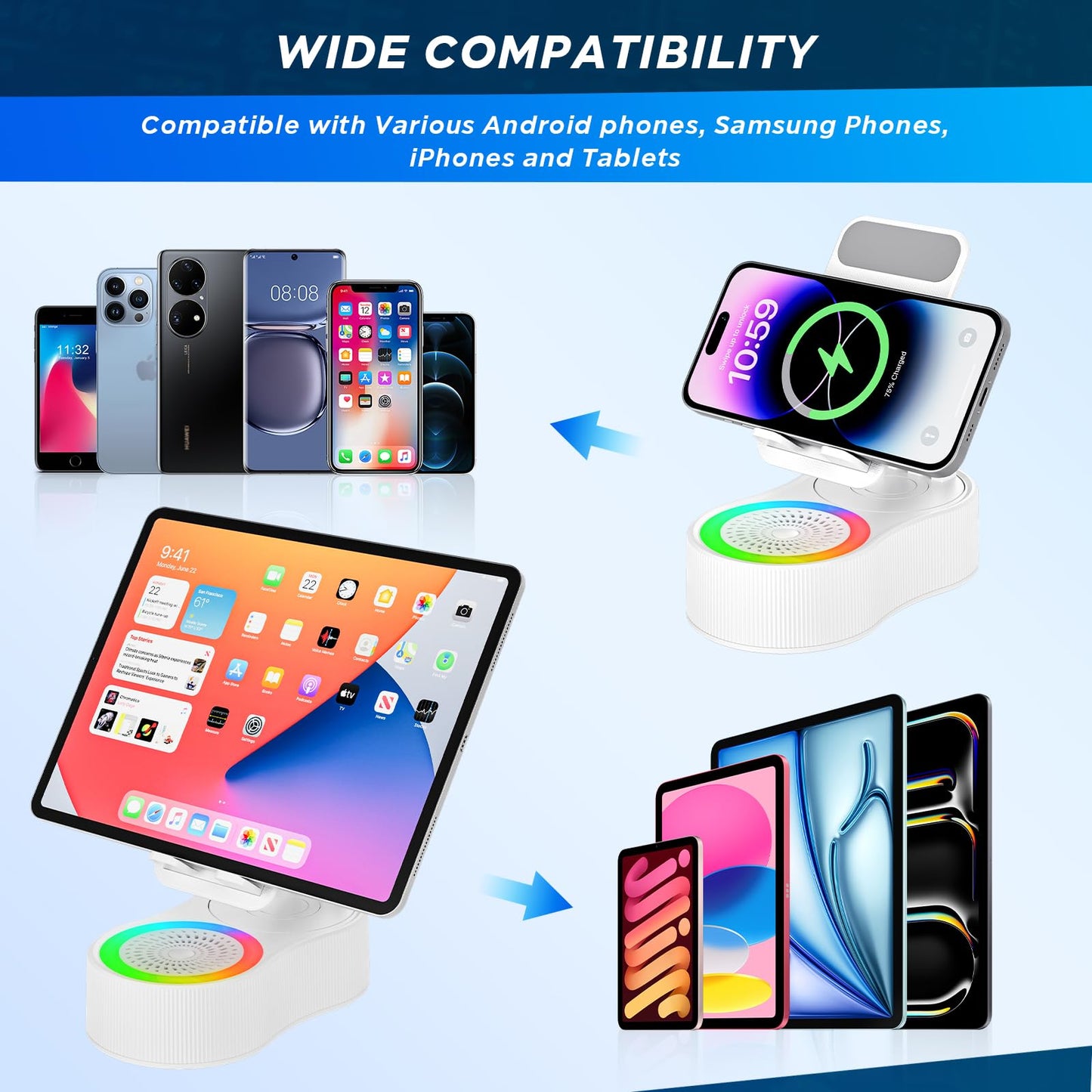 Cell Phone Stand with Bluetooth Speaker - Wireless Bluetooth Speaker with 360° Rotatable Phone Holder, Multifunctional Adjustable Stand with Charging