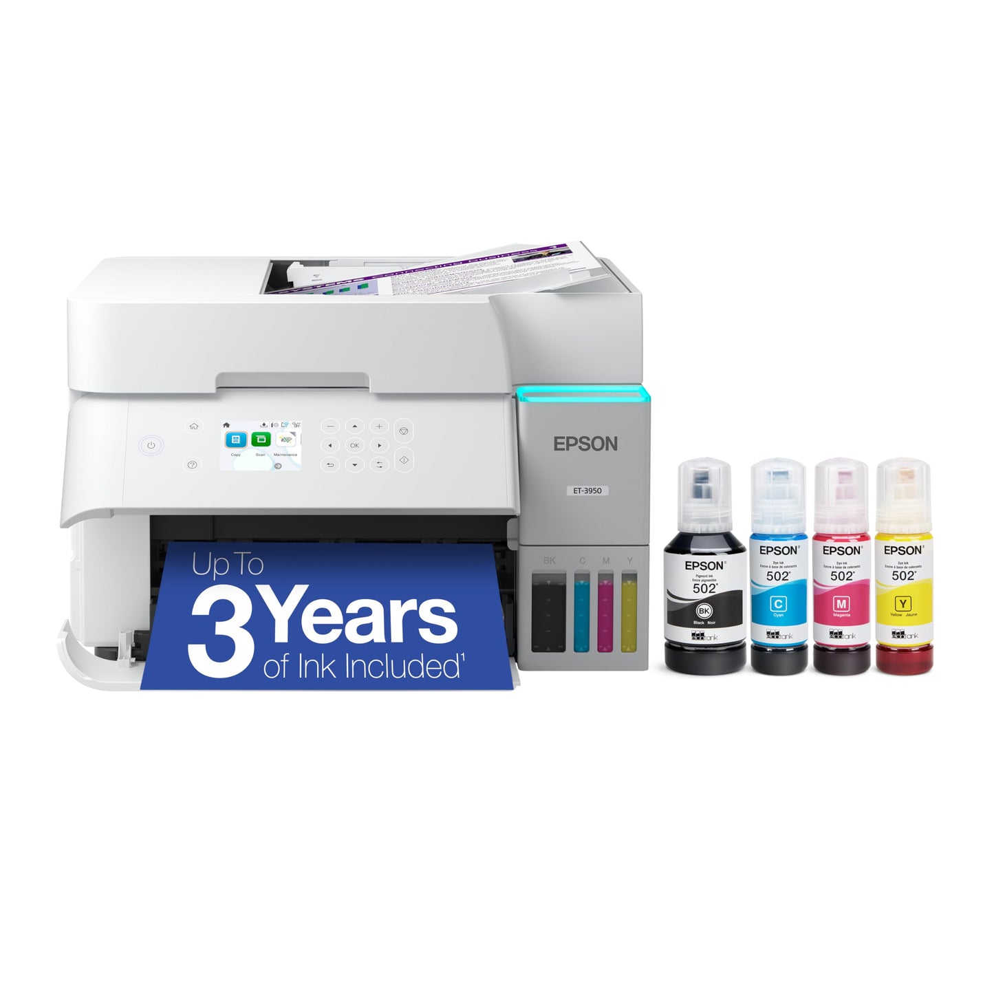Epson EcoTank ET-3950 Wireless All-in-One Color Supertank Printer with up to 3 Years of Ink Refillable Tanks, Perfect for Home Office, 18 PPM, 2.4"