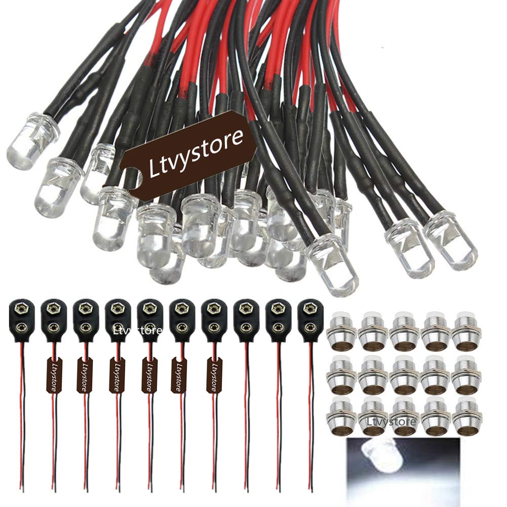 Ltvystore 30Pcs 5MM 12V White LED Pre Wired Lamp Light Bulb Prewired Emitting Diode & 30Pcs Metal 5mm LED Clip Holder Panel Mount & 10Pcs 9V Battery