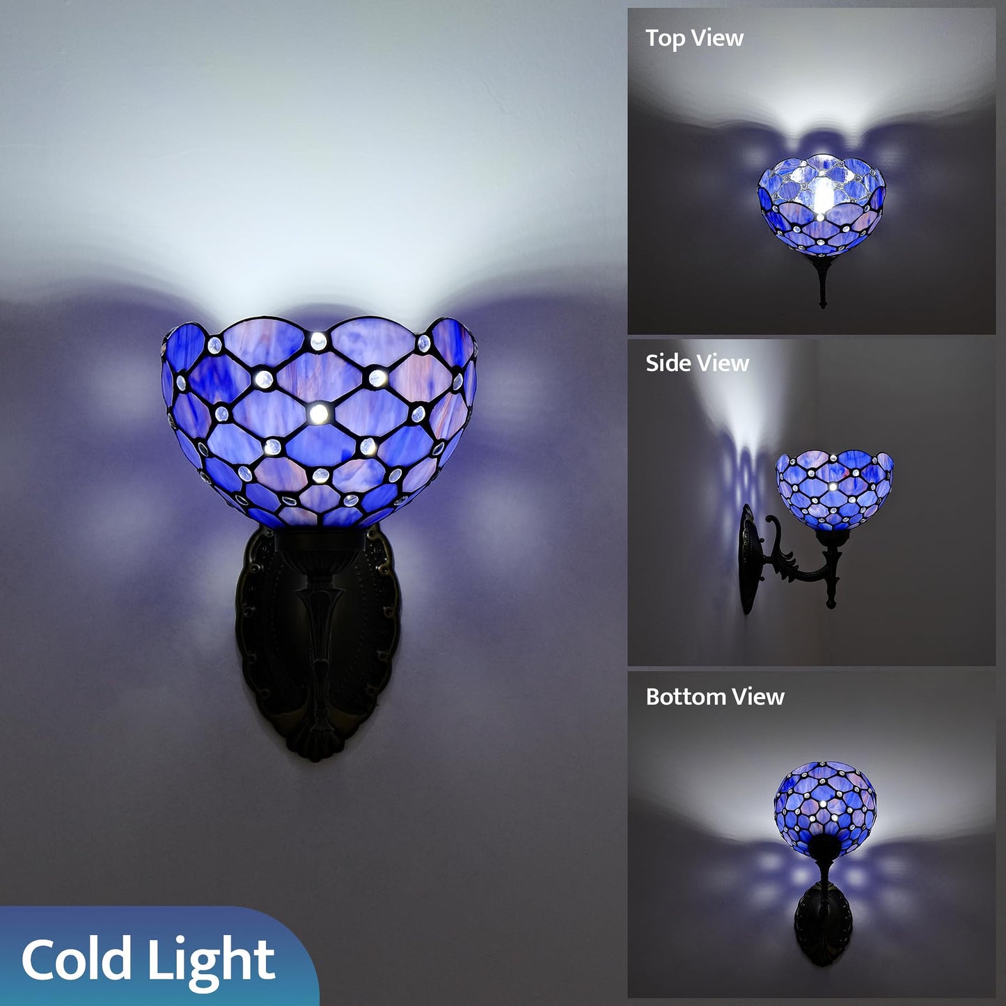 GILGGAK Tiffany Wall Sconce Hand-Weld Stained Glass Bedside Lamp with Classic 8 Inches Lampshade for Bedroom Hallway Living Room Home Office (Blue