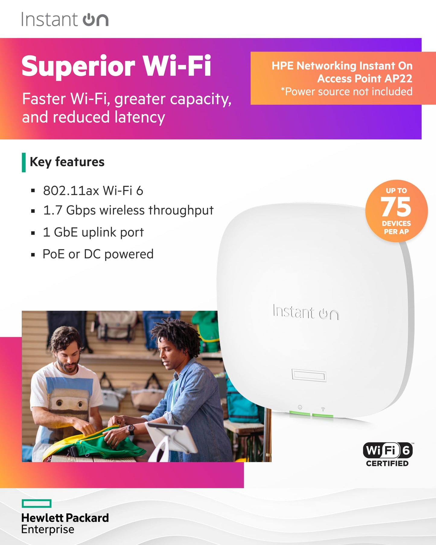 HPE Networking Instant On Access Point AP22 2x2 WiFi 6 Indoor Wireless Access Point | Long Range, Secure, Smart Mesh Support | Power Source Not