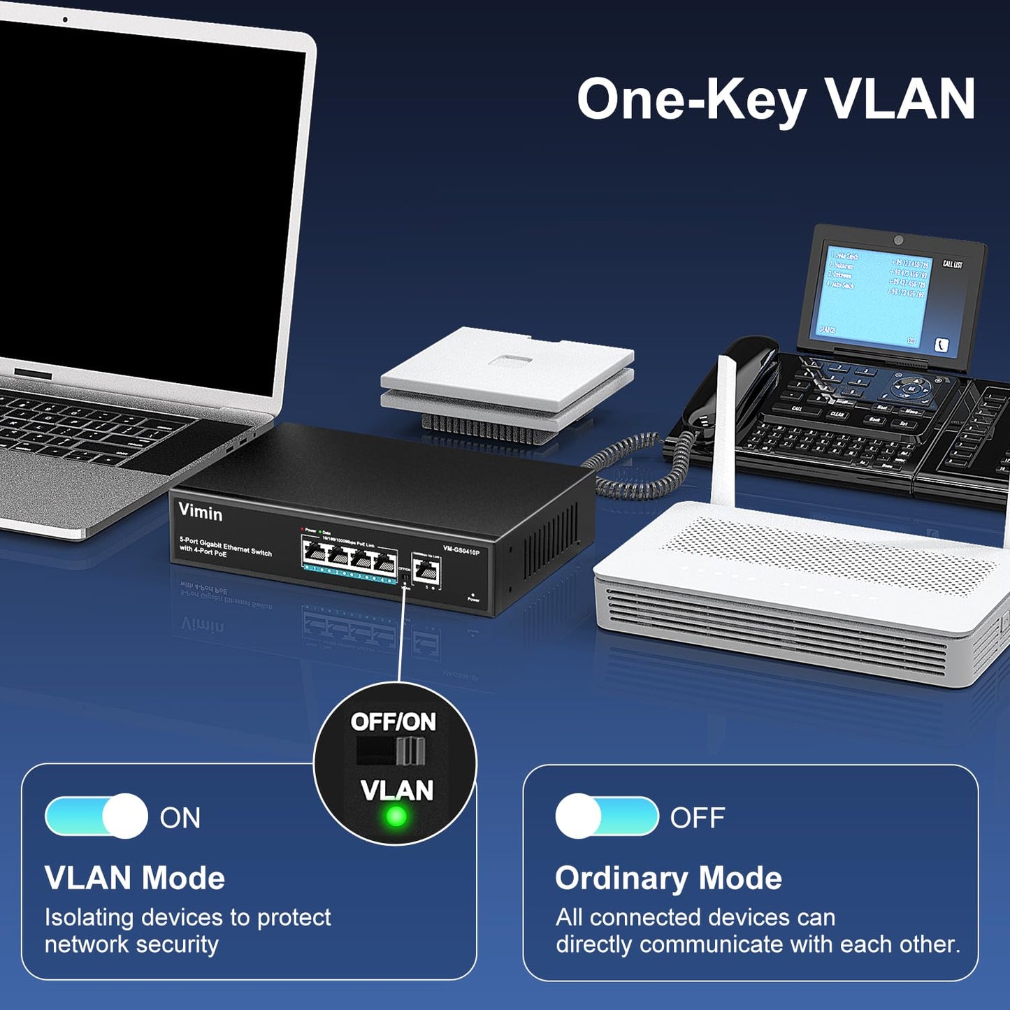 4 Port Gigabit PoE Switch with 1 Uplink Gigabit Ports, VIMIN 5 Port Unmanaged Ethernet PoE Switch with 72W Power, Support IEEE802.3af/at, VLAN, Metal