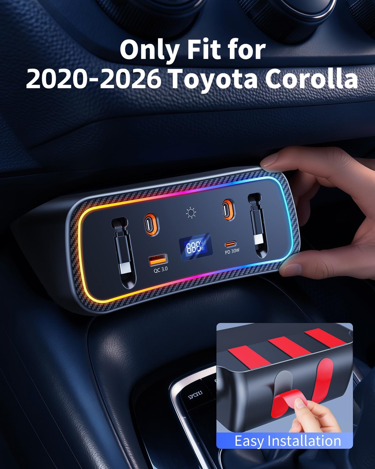 DICMKY Car Charger Usb Hub with RGB Light for 2026 2025 2024 2023 2022 2021 2020 Toyota Corolla Accessories, 4-Port Docking Station with Retractable