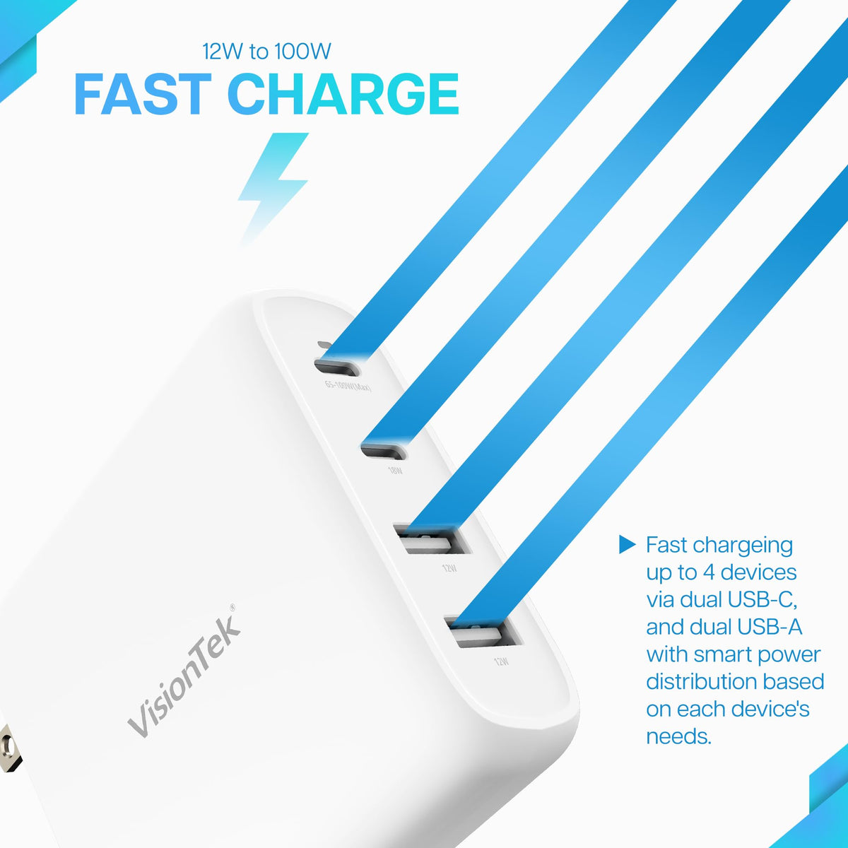VisionTek 100W 4-Port USB-C Wall Charger, GaN Fast Charge, Foldable Plug