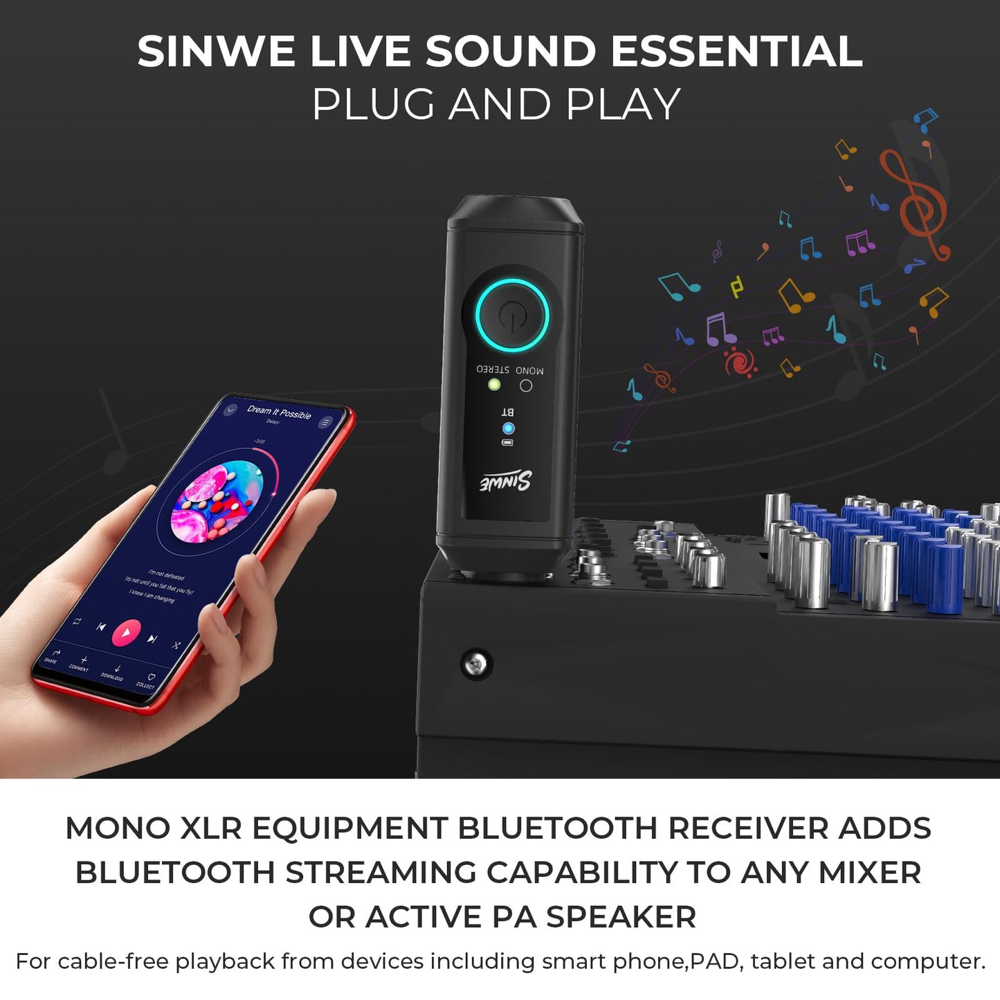 SINWE XLR Bluetooth Receiver, BT5.3 24bit/48kHz Hi-Fi Audio, Wireless Adapter for Mixer PA Speaker DJ System, 160ft Range 15H Battery, Dual Pack