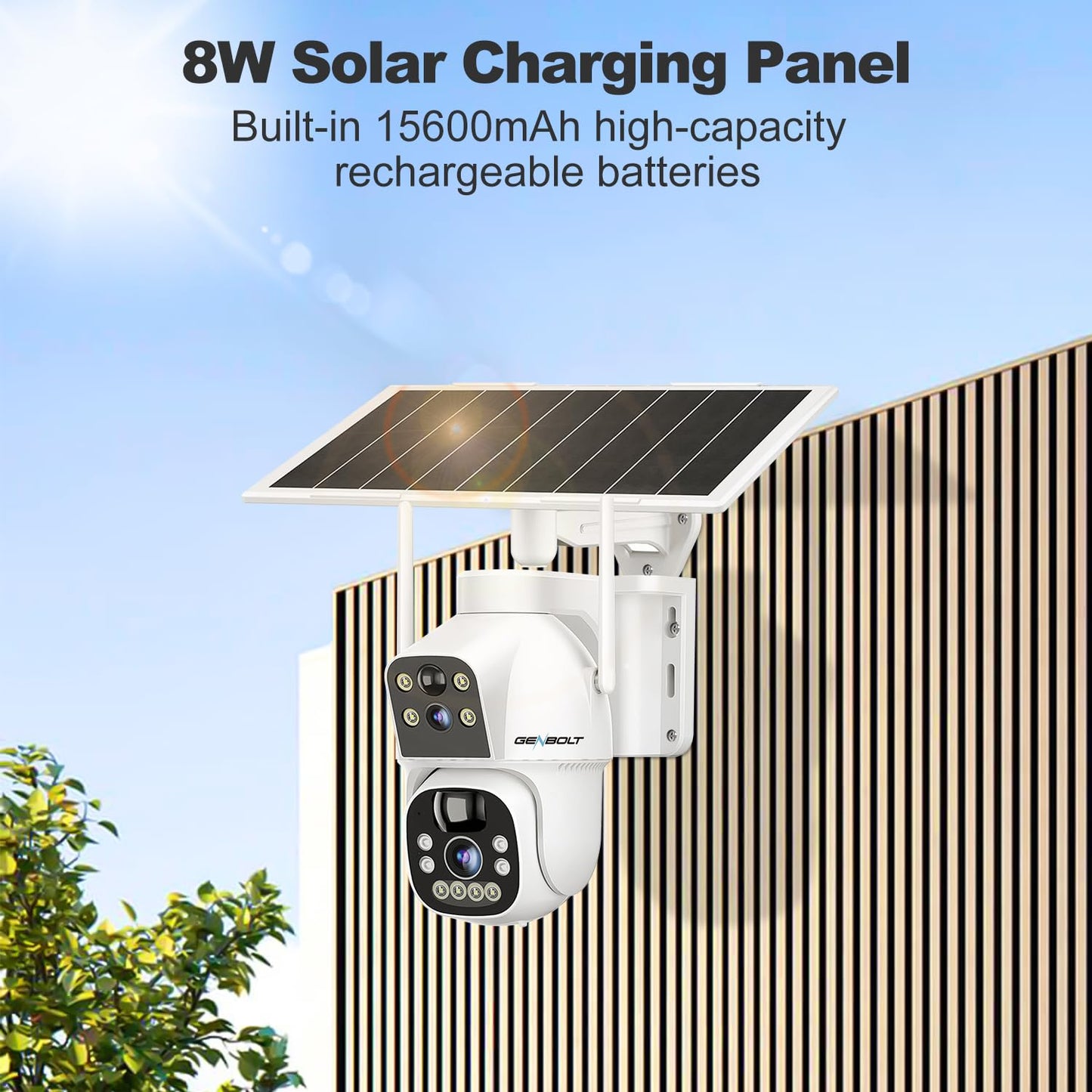 GENBOLT Solar WiFi Security Camera Outdoor Wireless, 8W 15600mAh Battery Powered Home Surveillance Cam CCTV with Dual View, Dual Lens Spotlight IP Cam