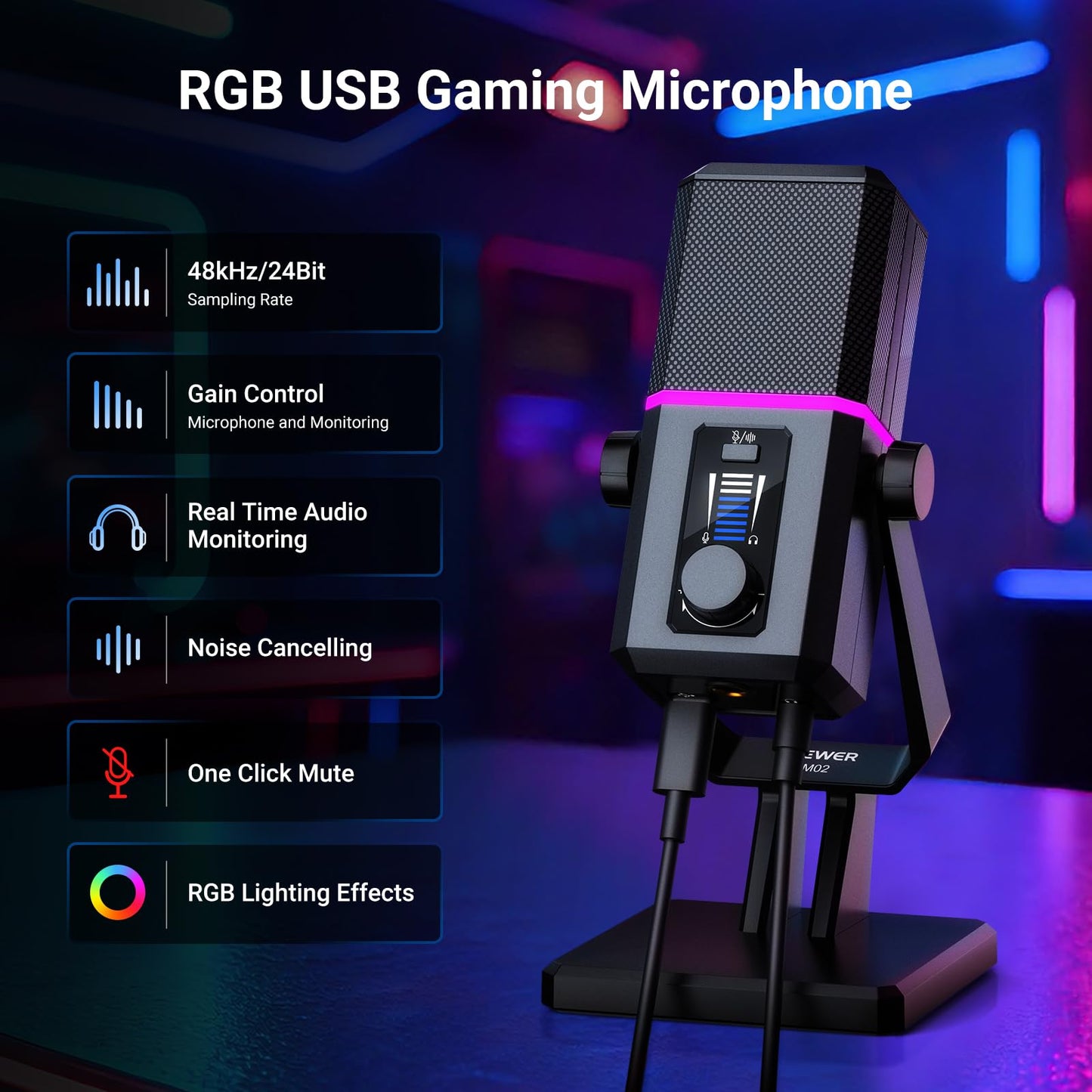 NEEWER UM02 RGB USB Microphone for Gaming Streaming Podcast, Cardioid Condenser Noise Cancellation Desk Mic for Headphone Monitoring Compatible with