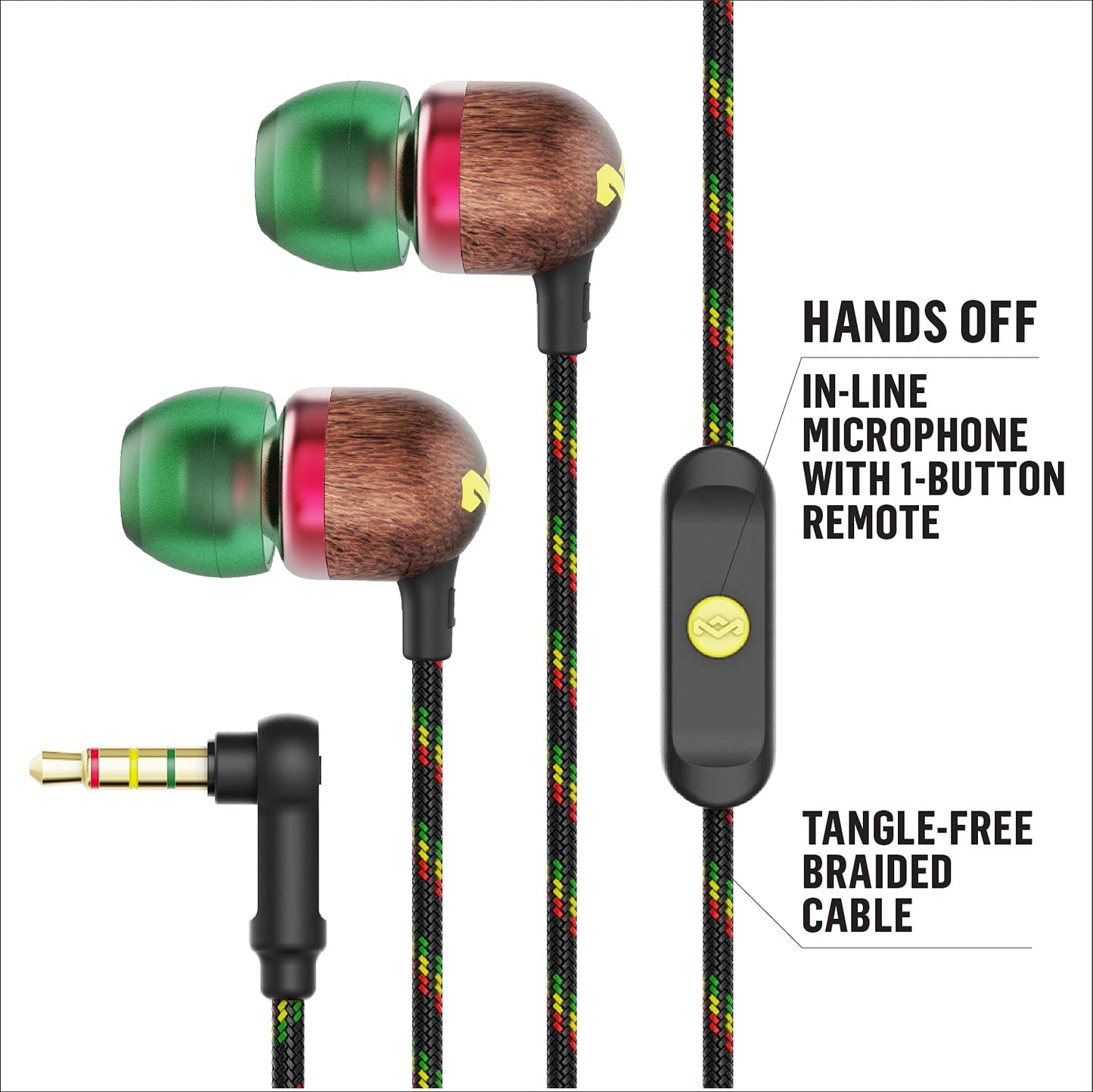 House of Marley Smile Jamaica AUX Wired Earbuds with Microphone, Noise-Isolating in-Ear Headphones, Tangle-Resistant Cable, 3.5mm Jack Sustainable