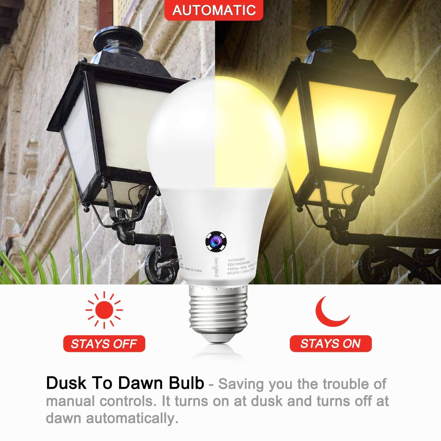 Sengled Dusk to Dawn Light Bulbs Outdoor, A19 LED Sensor Bulbs 4 Pack, 3000K Soft White 1200 Lumens, 75W Equivalent 10.5W, E26 Base Automatic On/Off