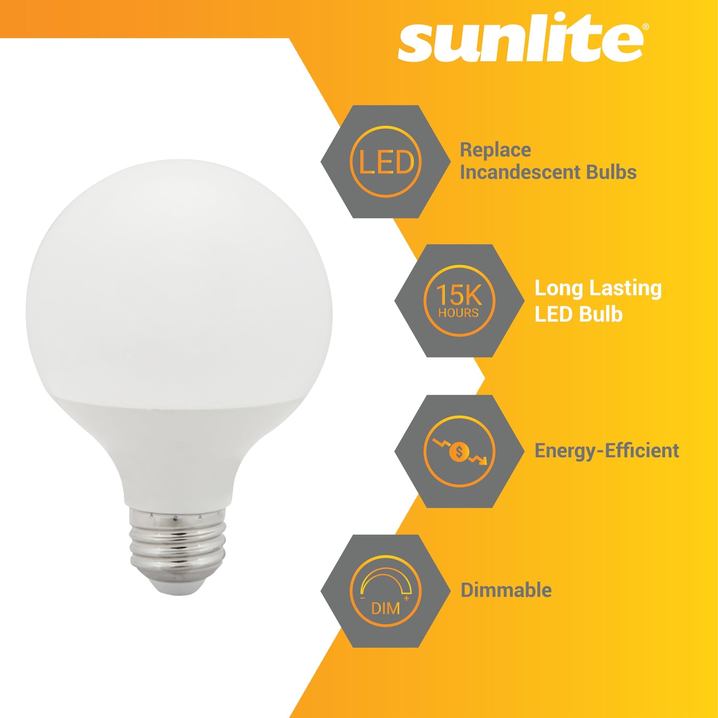Sunlite LED G25 Globe Light Bulb, 6 Watts (60W Equivalent), Standard E26 Base, 500 Lumens, Dimmable, Frosted, 90 CRI, Title-20 Compliant, ETL Listed
