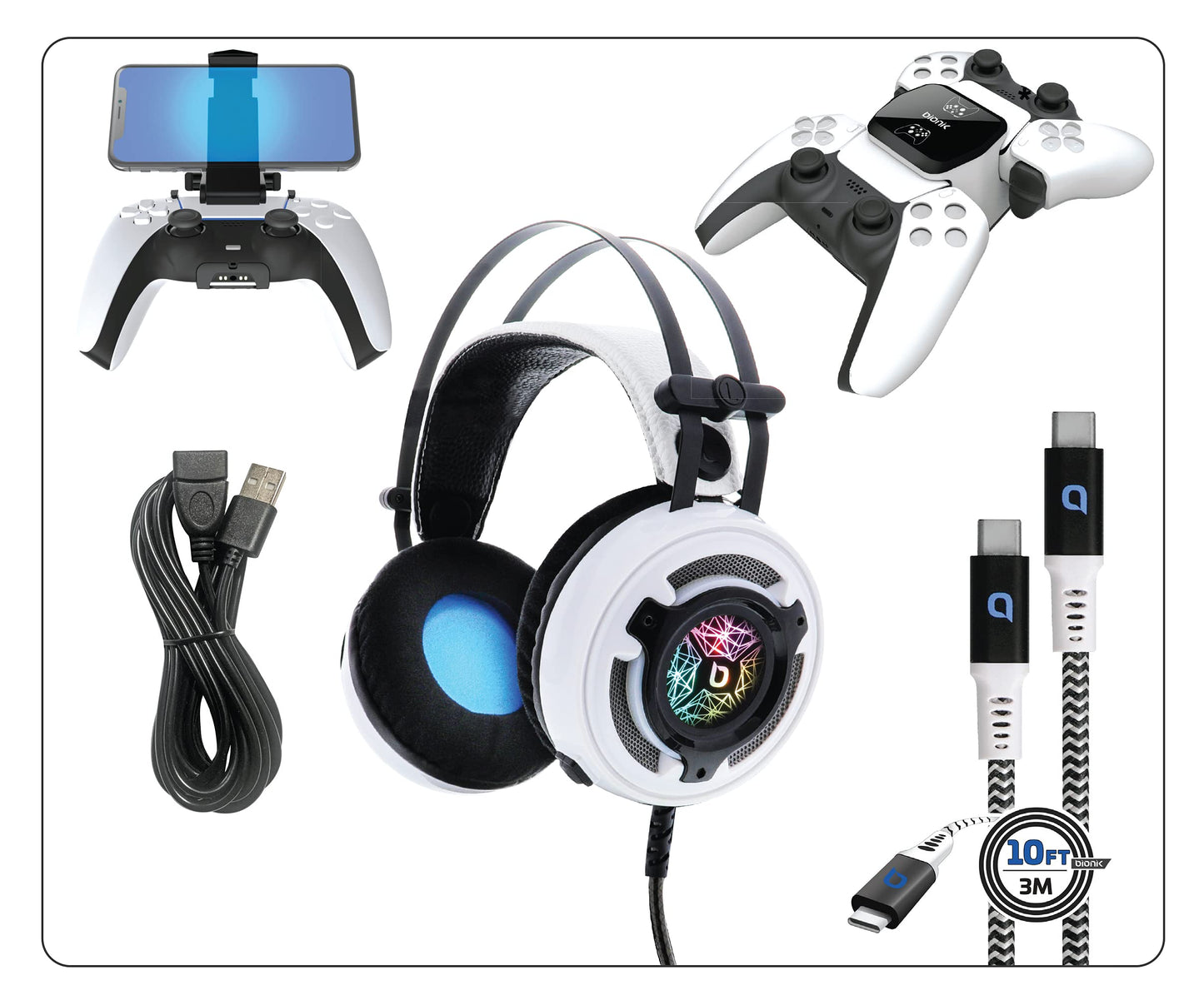 Bionik Pro Kit for PlayStation 5: Powerful 50mm Gaming Headset with RGB Color, Controller Charge Base, Phone Holder, Lynx Cable & USB Cable