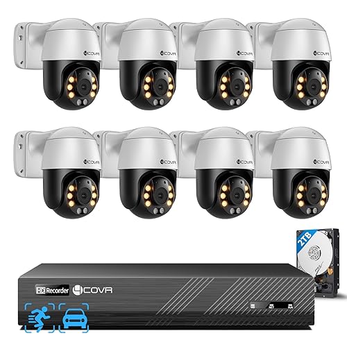 4COVR PoE PTZ Security Camera System, 8X 5MP PoE IP Camera, 8CH 4K NVR & 2TB HDD, 350° Pan 90° Tilt 3X Digital Zoom, Smart Color Night Vision, Two Way