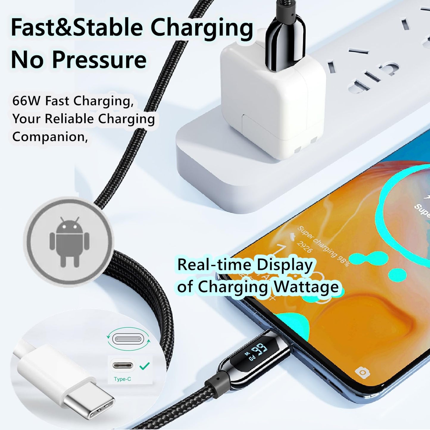 Tpenod USB A to USB C Cable,4 Feet Type C Cable with LED Display Power watt,66W Max Fast Charging USB-c Cable, Compatible with iPhone 15 Pro Max