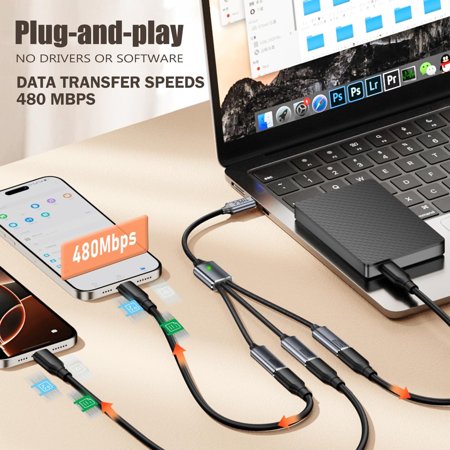 TFAK 0.8Ft USB2.0 Adapter, USB Splitter Y, USB1 in to 3 Out Extender Cable,for Car/Mac/Xbox/Laptop/Tablet/Smartphone Data Transmission?Black