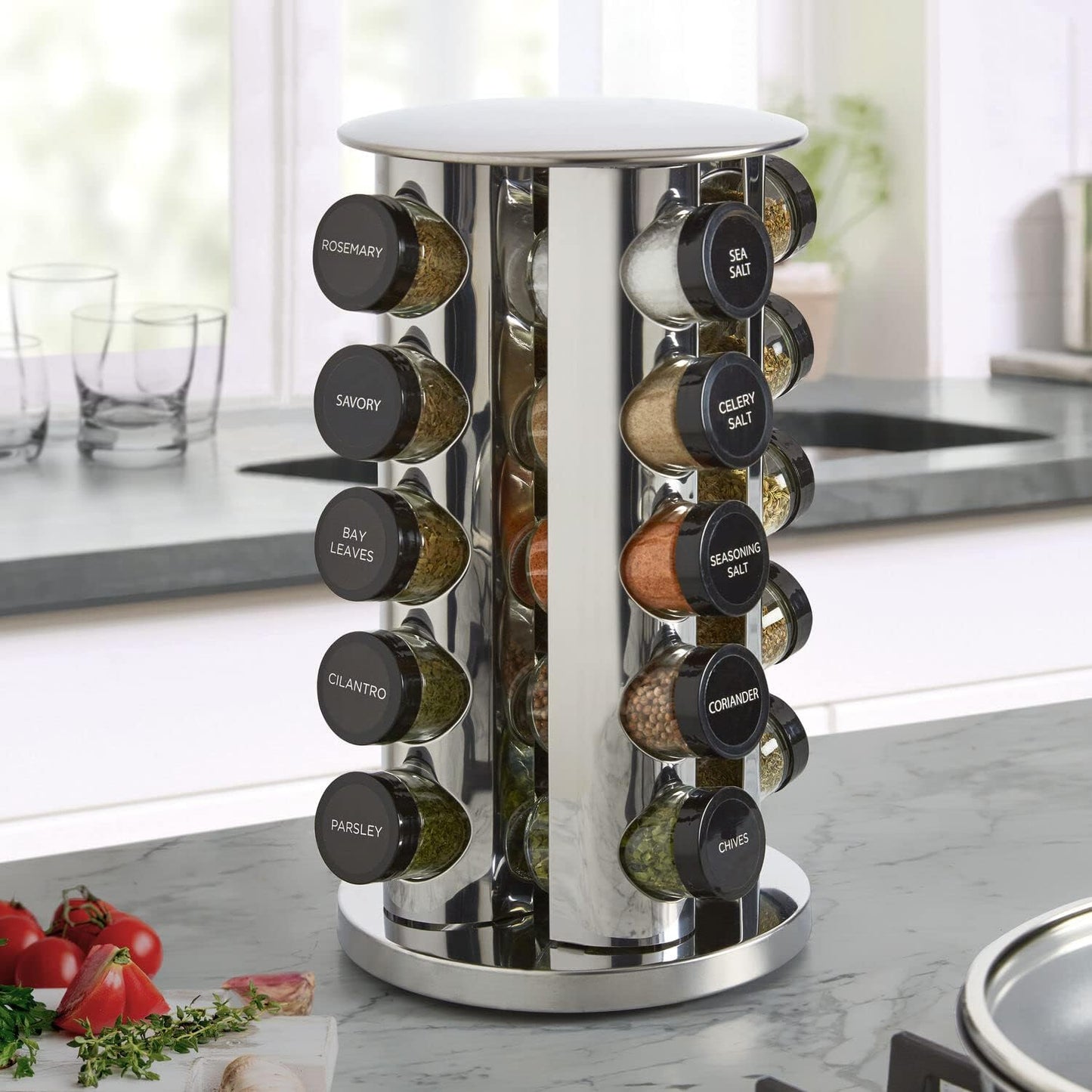 Kamenstein 20 Jar Revolving Countertop Spice Rack with Spices Included, FREE Spice Refills for 5Years, Polished Stainless Steel with Black Caps, 30020