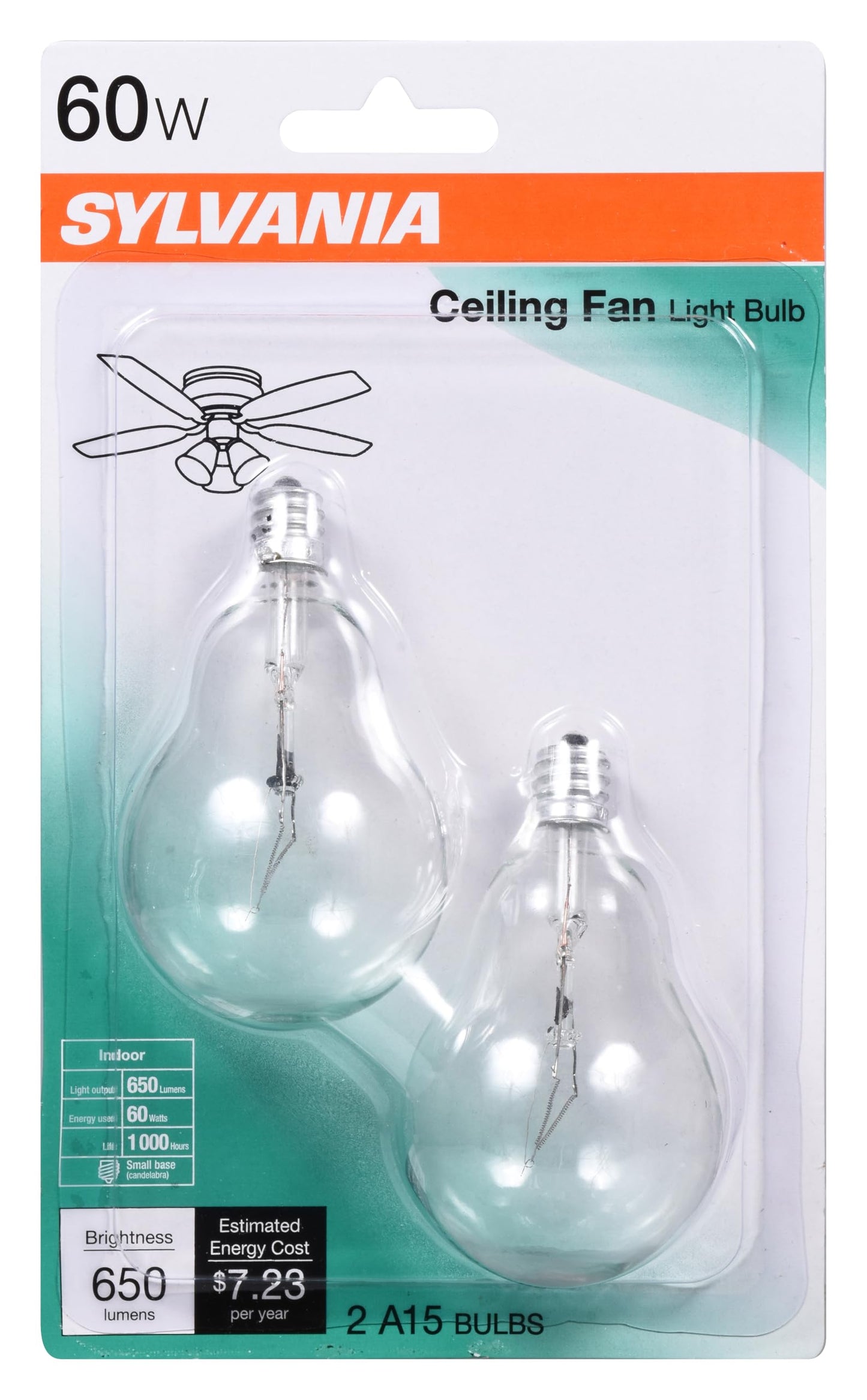 Sylvania Incandescent A15 E12 Base 60 Watt Ceiling Fan Light Bulbs, 2 Pack