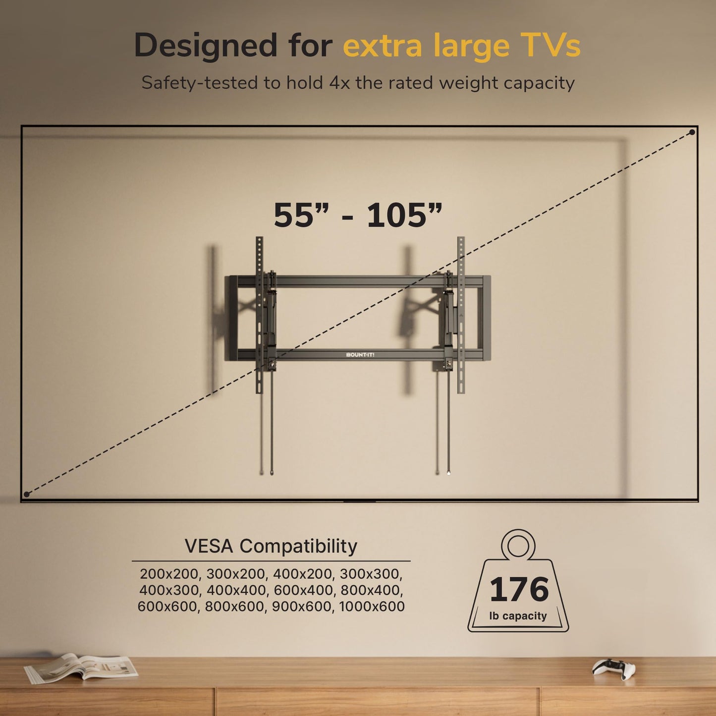Mount-It! Advanced Extendable Tilt TV Wall Mount for 55-105 Inch TVs, Low Profile 2.1” Heavy-Duty Bracket with 6.8” Extension, Tilt & Swivel
