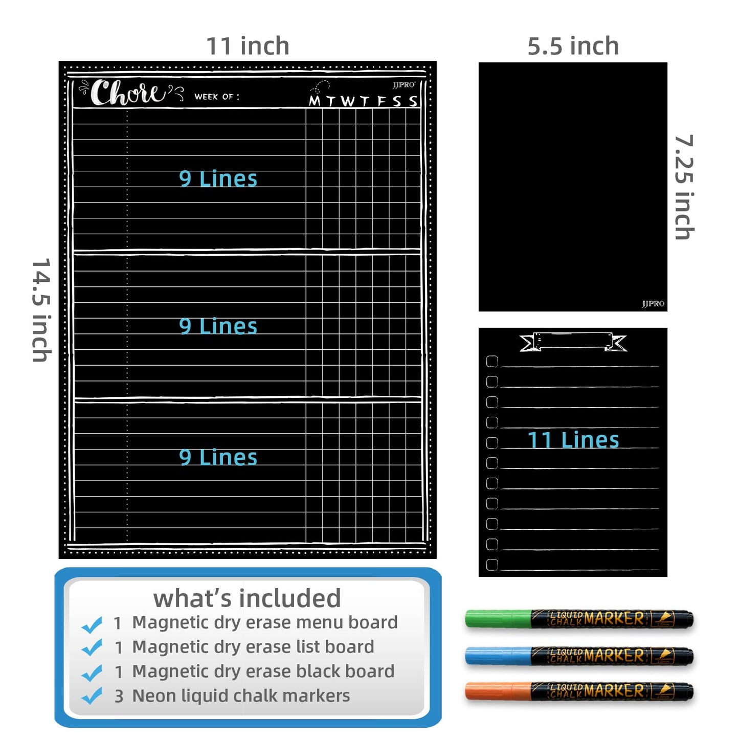 Magnetic Chalkboard Weekly Planner with neon Bright Liquid Chalk Markers - Black Refrigerator Weekly Planning Board w/Bonus - Grocery List and Notepad