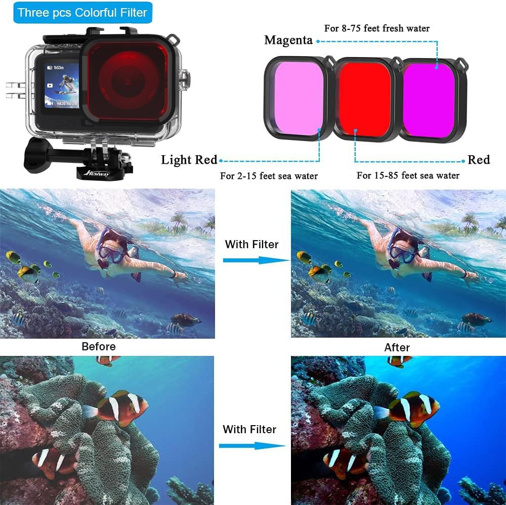 Husiway Accessories Kit for DJI Osmo Action 6 Waterproof Case Diving Housing Silicone Case Glass Screen Protector Film Whole Bundle 60D