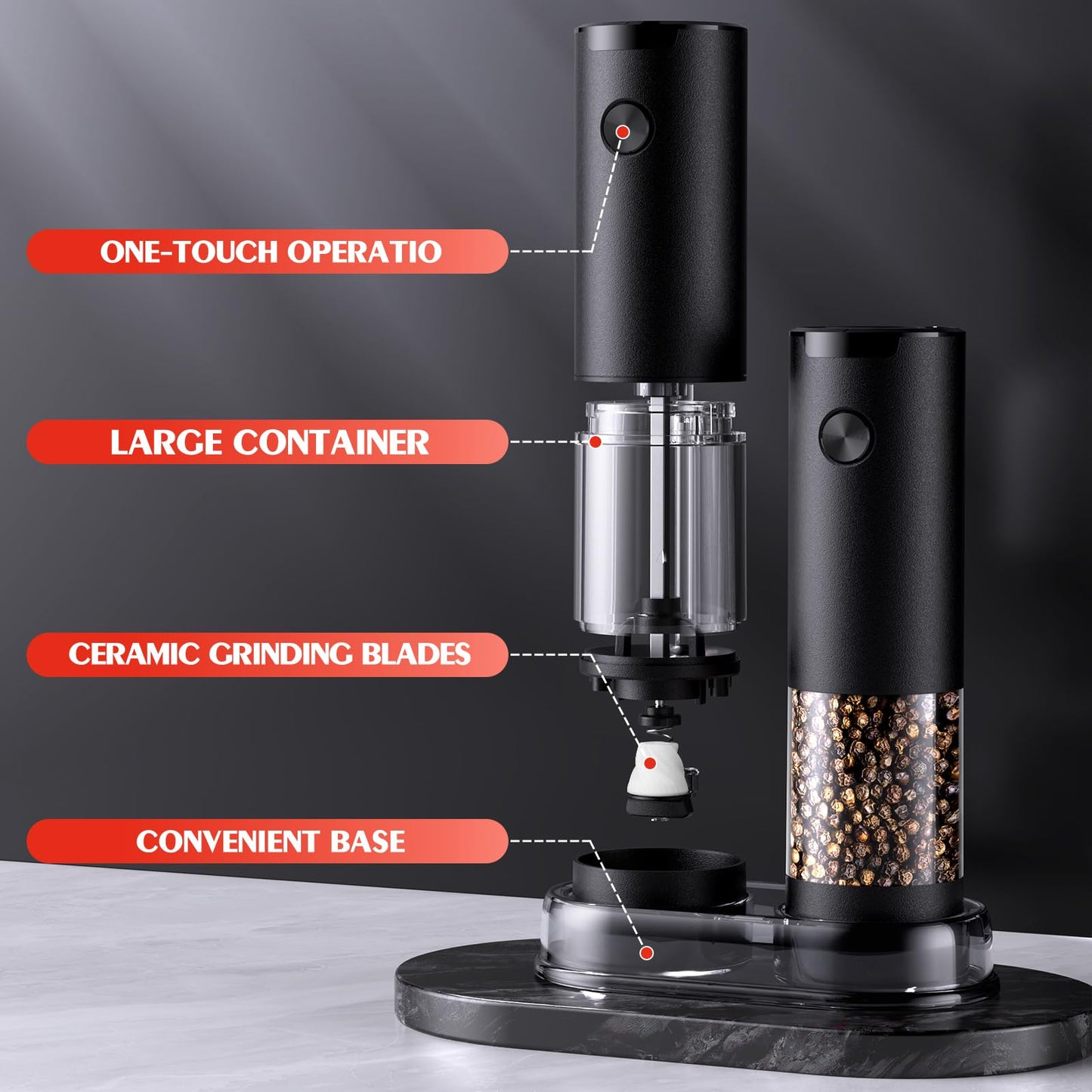 Electric Salt & Pepper Grinder Set, Automatic Battery Operated Mills with Adjustable Coarseness, LED Light & Large Capacity, 2-Pack, Black