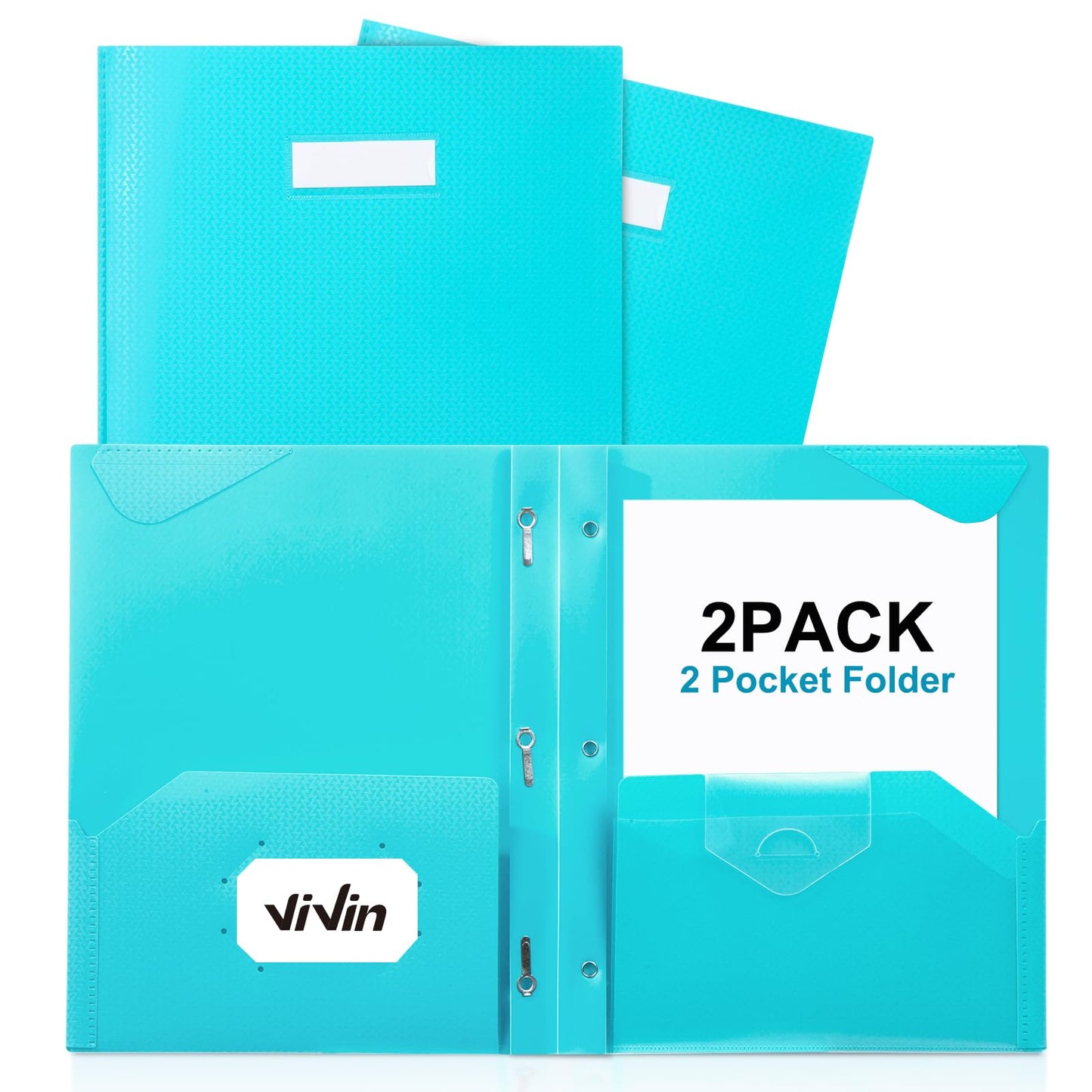 ViVin Plastic Folders with 3 Prongs,2 Pack,Heavy Duty 2-Pocket Folders with Fasteners Fits Letter Size Paper,Includes Labels,for School Home