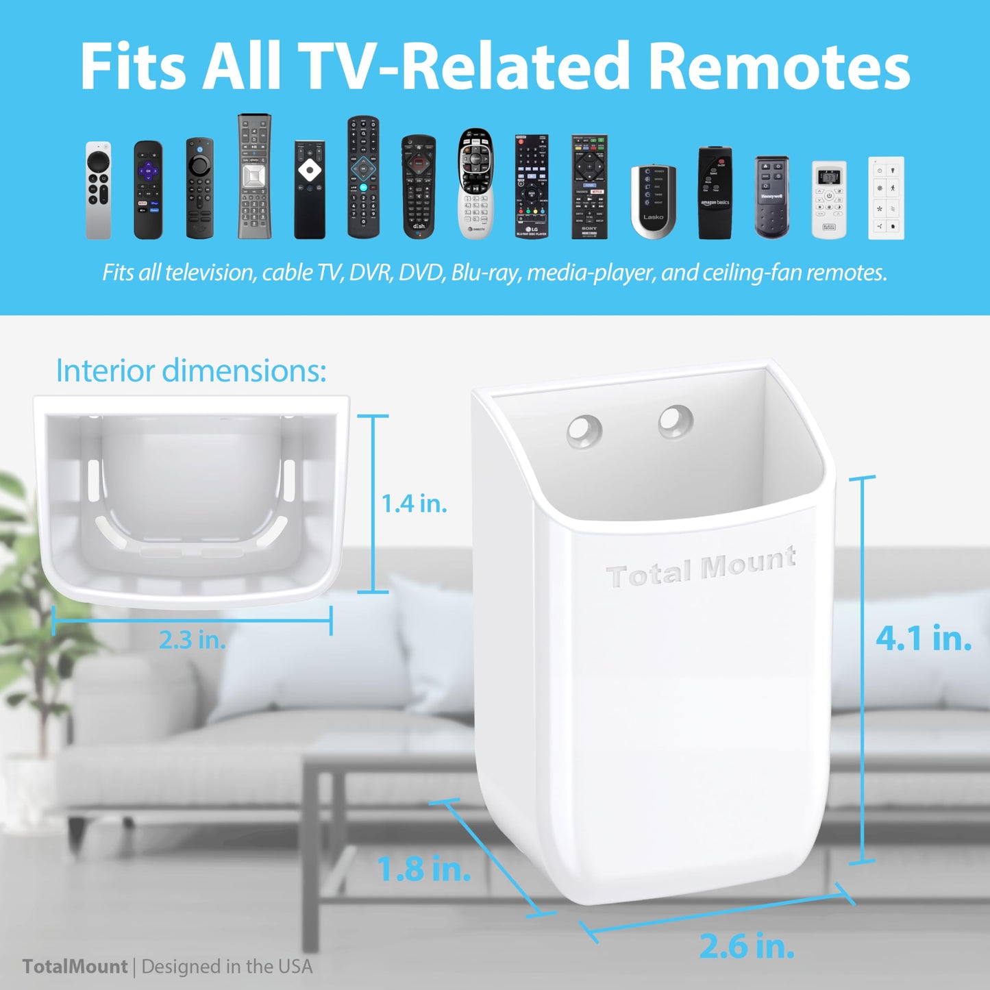 TotalMount Hole-Free Remote Holder - Eliminates Need to Drill Holes in Your Wall (White Remote Control Holder, Quantity 1)