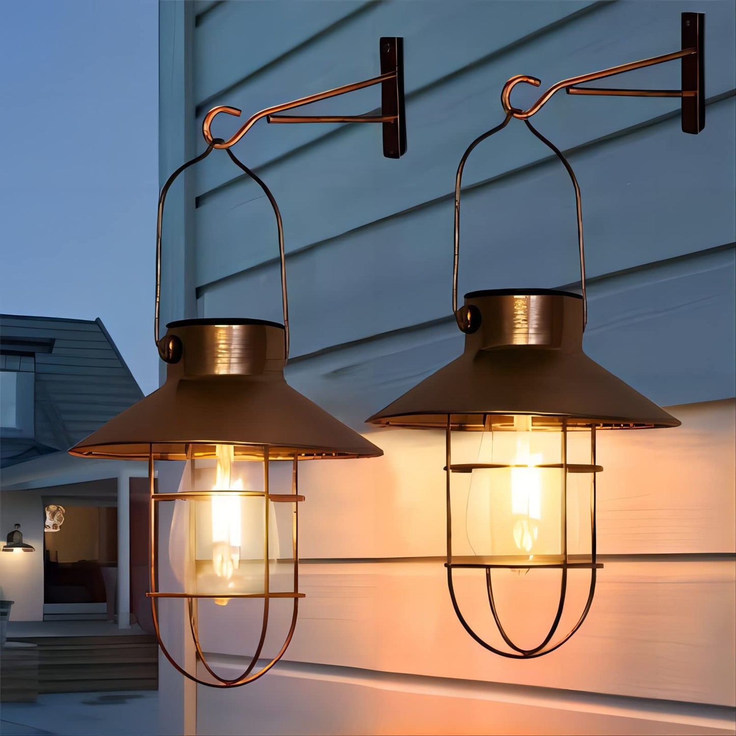 pearlstar Solar Lanterns Outdoor Metal Solar Powered Hanging Lights Waterproof for Barn Wall Yard Garden Patio Garage Balcony Porch Fence Decor, Warm