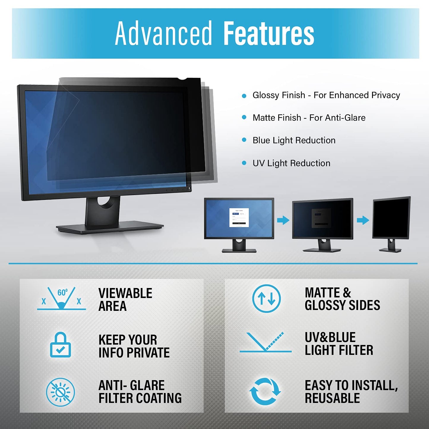 Privacy Screen Filter for 18.5 Inches Computer Monitor with Aspect Ratio 16:09 Please Check Dimension Carefully