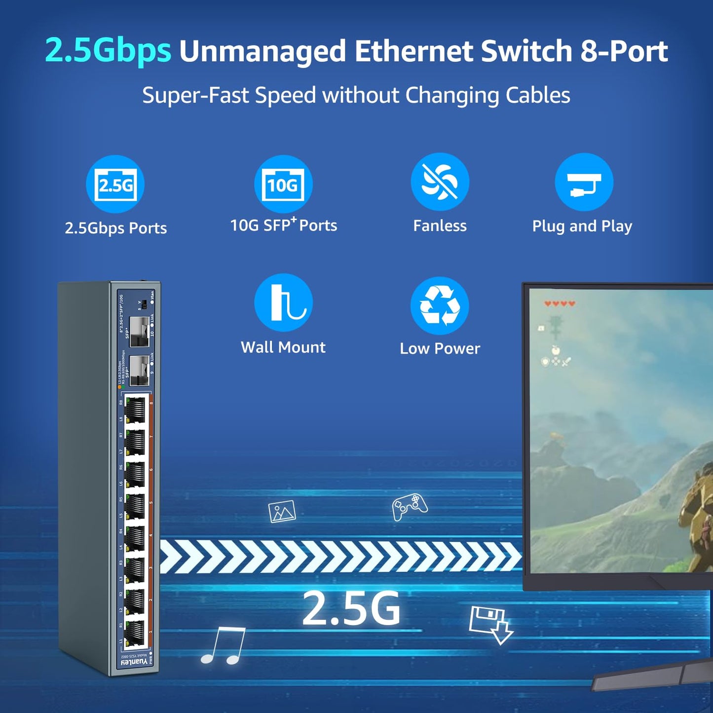10 Port 2.5G Unmanaged Ethernet Switch, 8 x 2.5G Base-T Ports, 2 x 10G SFP, Compatible with 100/1000/2500Mbps, VLAN, Fanless, Desktop/Wall Mount