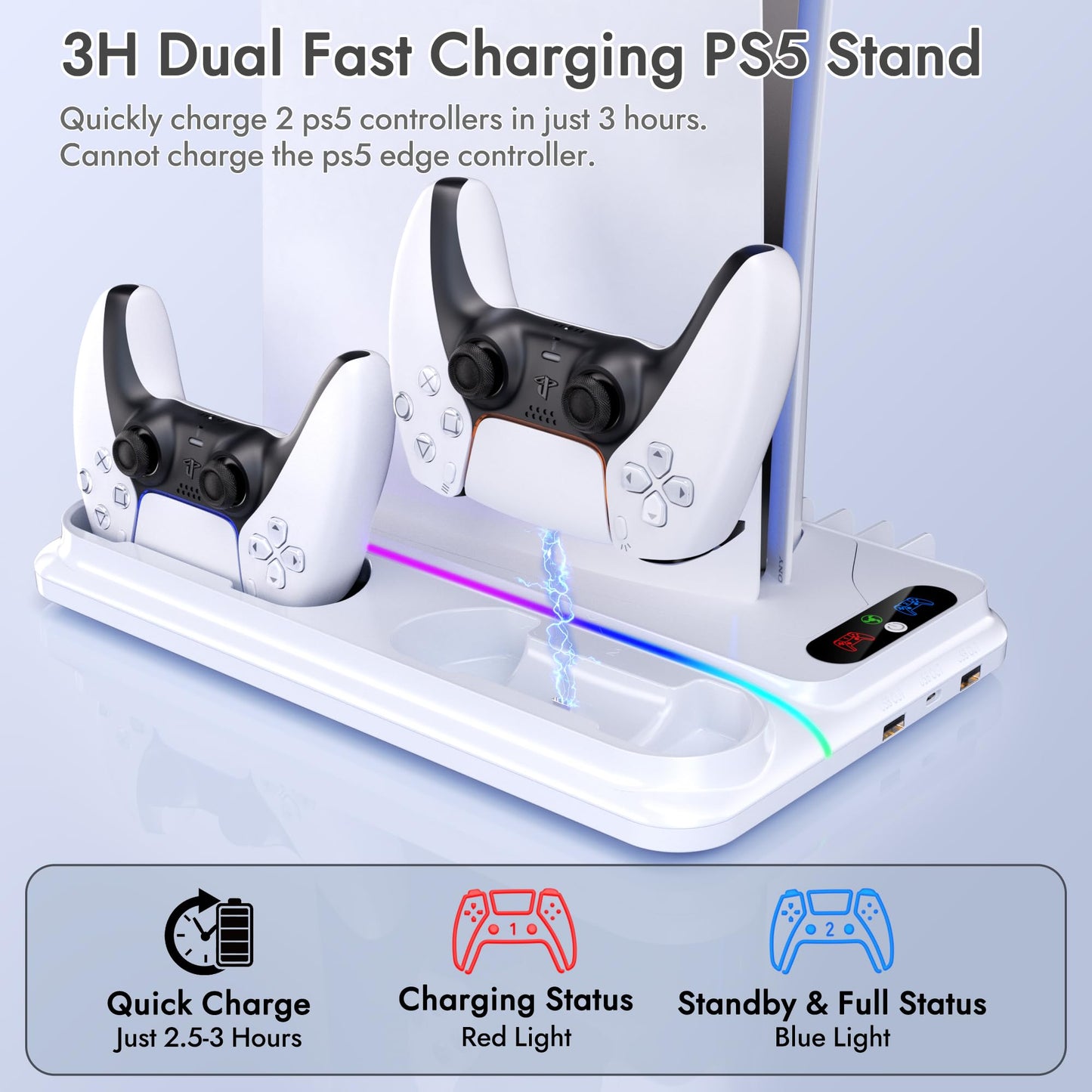PS5 Cooling Station for PS5/Slim/Pro Disc Digital Console,PS5 Fan Cooling Fan with Dual PS 5 Controller Charger,3 Level Fan, RGB Light,12 Slot