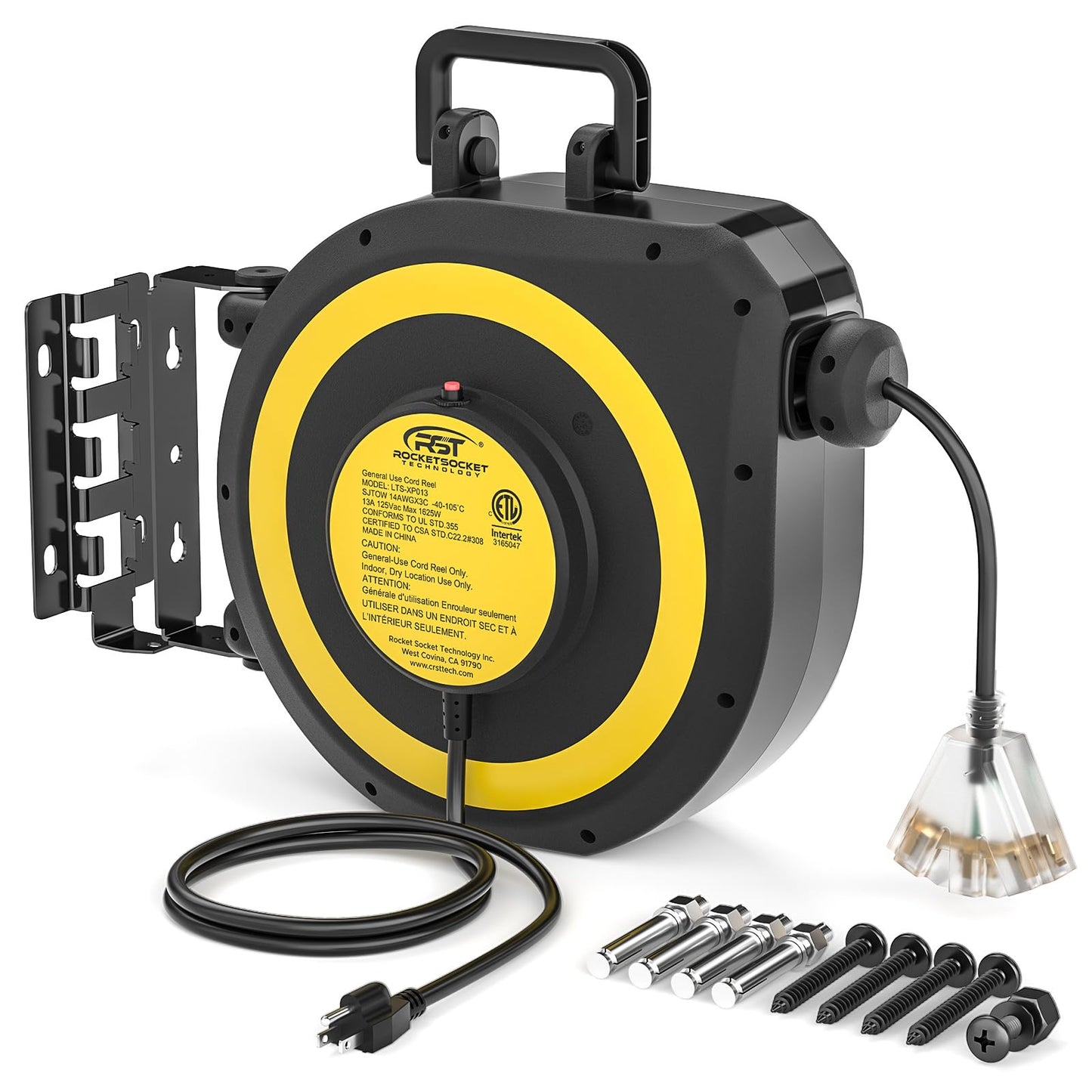 CRST 50 FT Retractable Extension Cord Reel, 14AWG/3C SJTOW Heavy Duty Power Cord with 3 Grounded Outlets Lighted Triple Tap, 13A Circuit Breaker, 180°