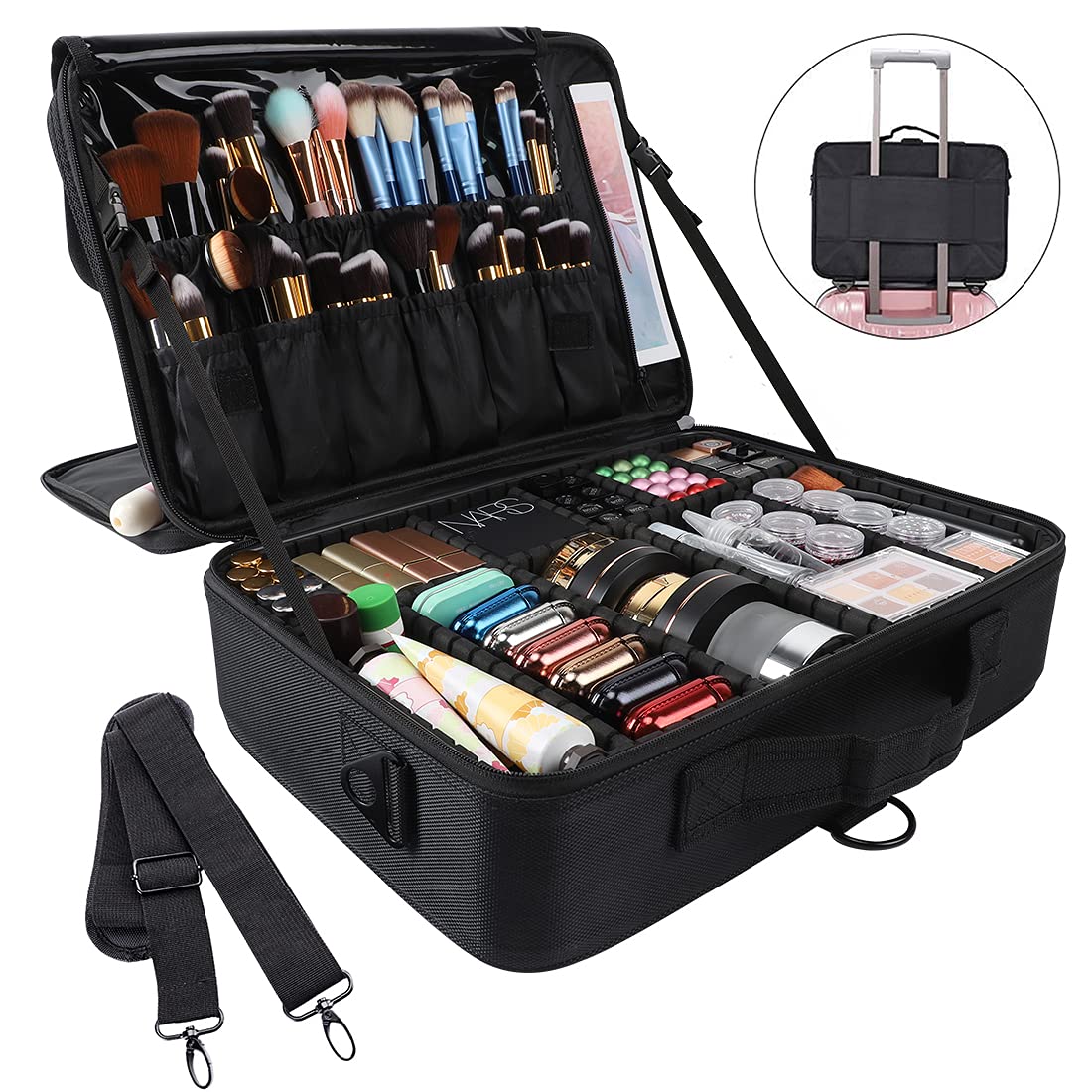 GCZC Large 16.5" Travel Makeup Train Case – Professional Cosmetic Organizer with Adjustable Dividers, Brush Storage & Shoulder Strap (Black)