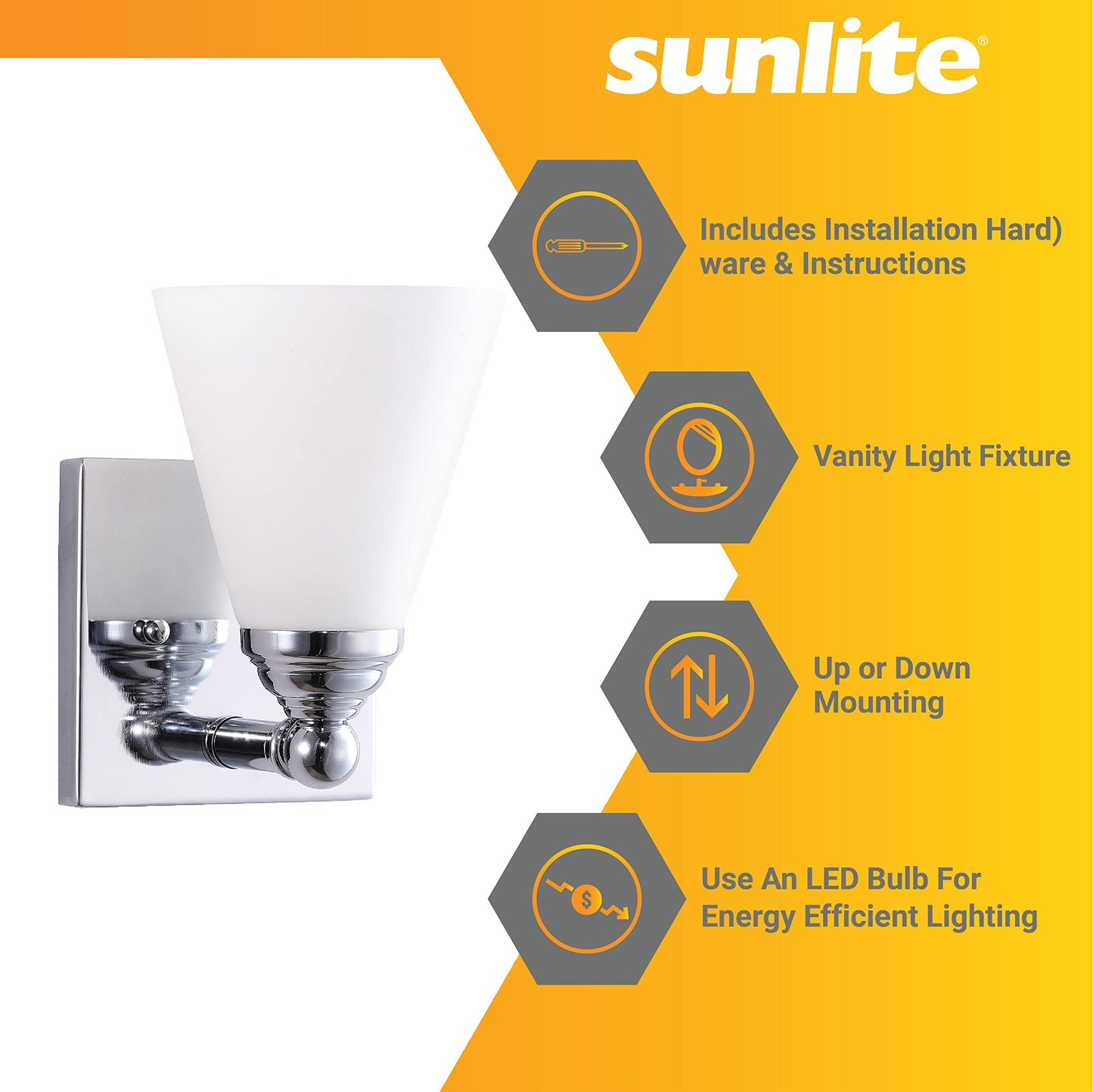 Sunlite Cone Shade Vanity Light Fixture, Wall Mount, Medium (E26) Socket, Standard A19 Bulb Required (60W Max), Bathrooms, Powder Rooms, Frosted Glass