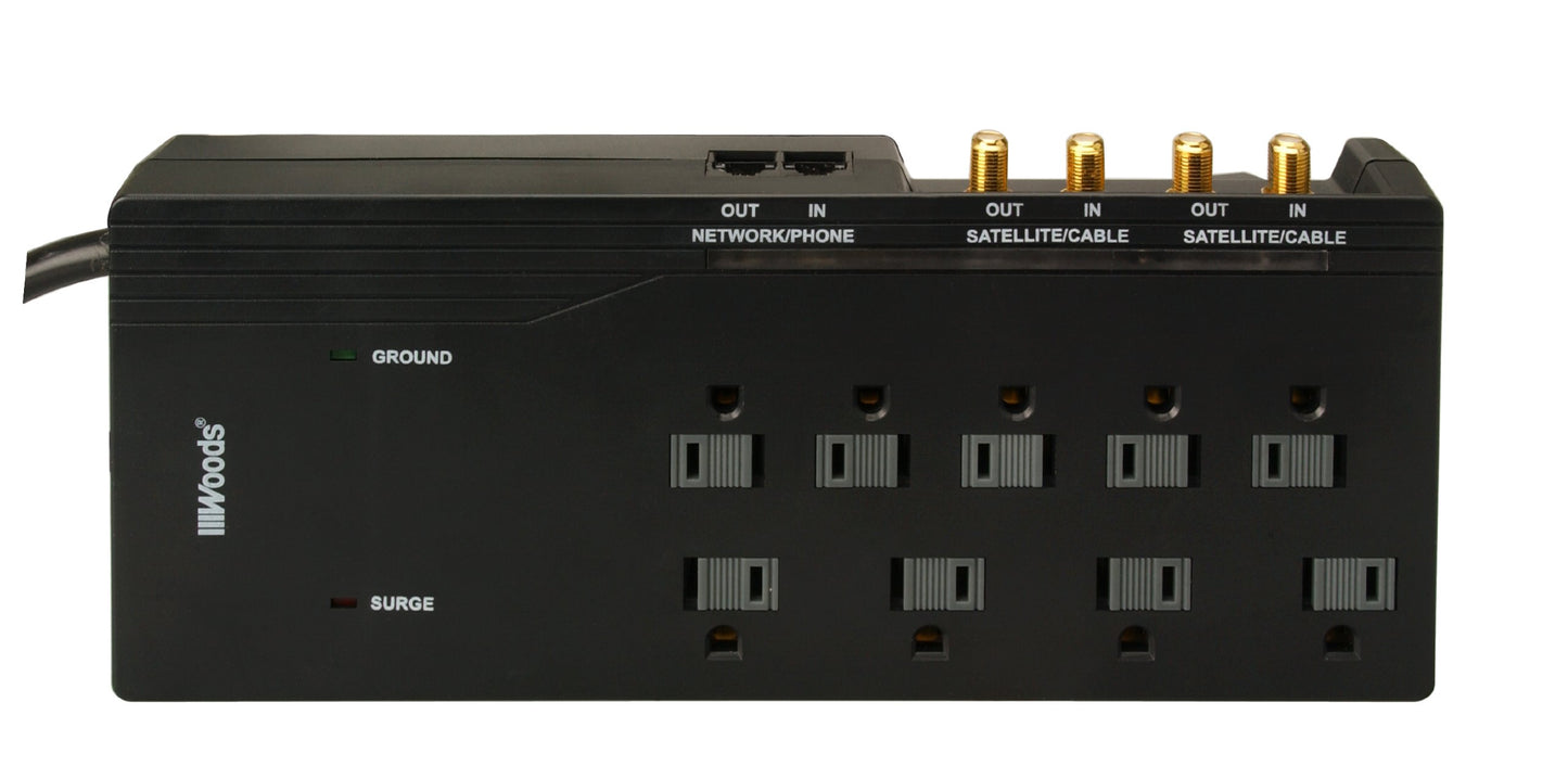 Woods 41653 9-Outlet 3500-Joule Surge Protector with 6-Foot Cord and Phone/Coax Protection, Black